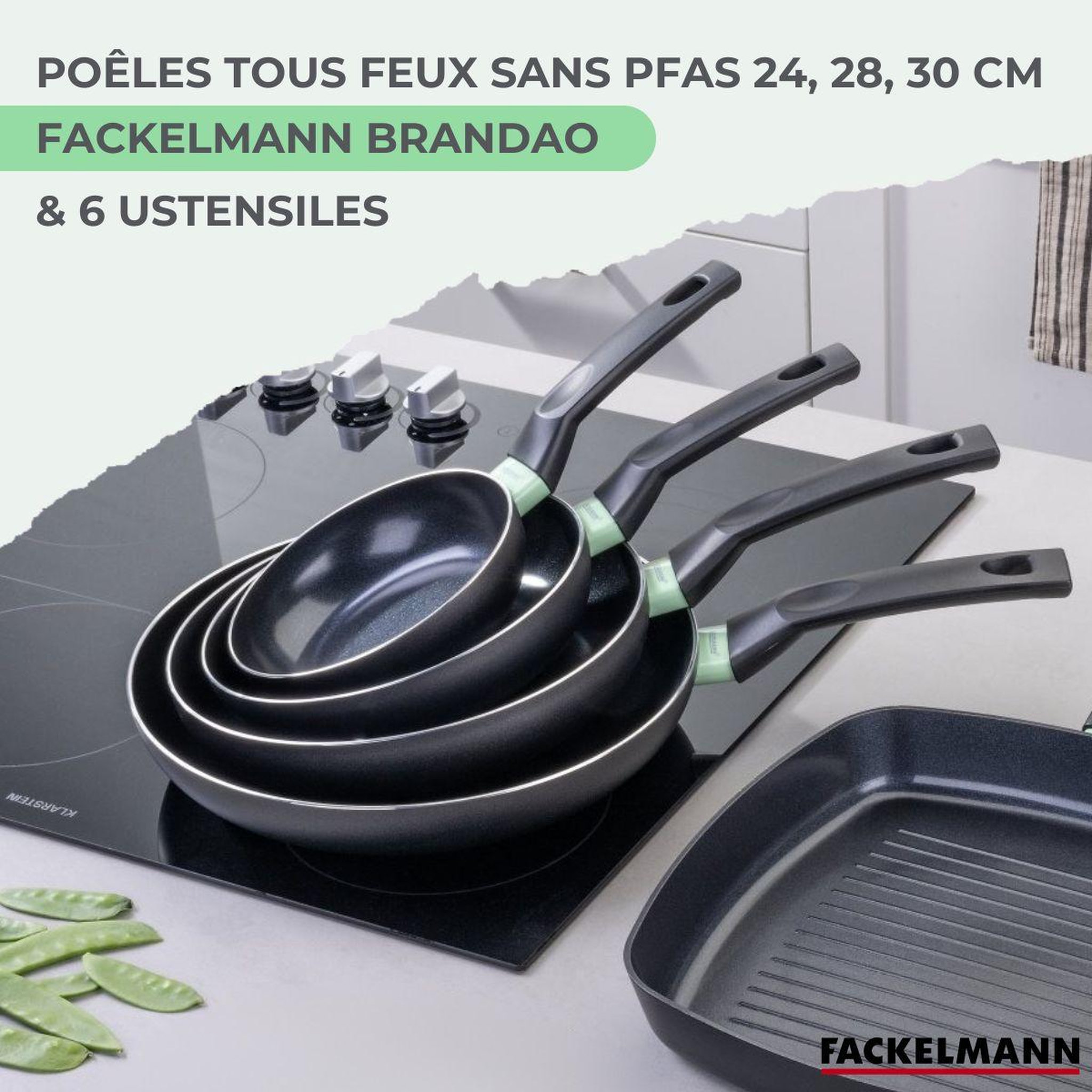 Voir la diapositive 2 : Fackelmann Ensemble de 3 poêles de 24, 28 et 30 cm et 6 ustensiles Fackelmann Brandao