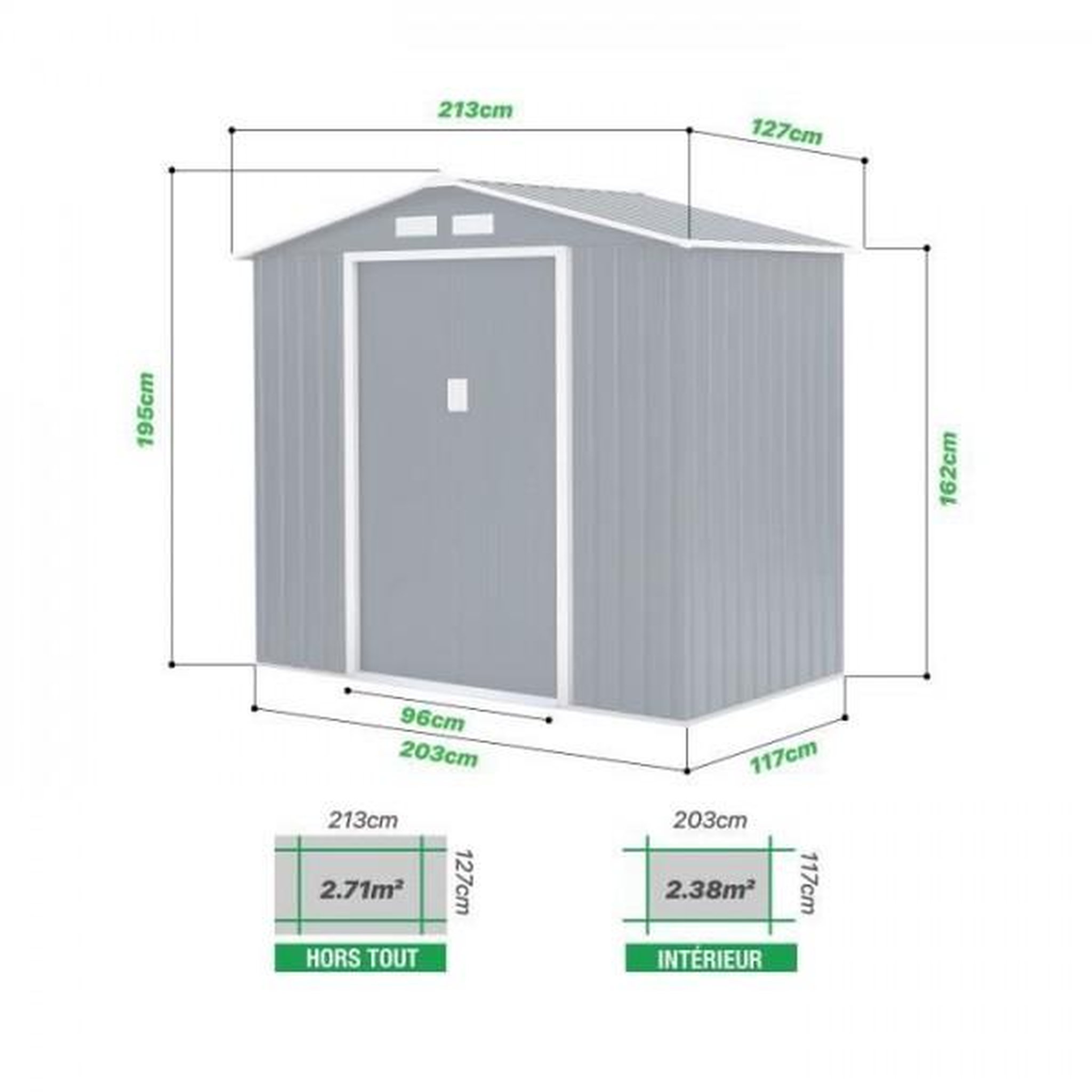 Voir la diapositive 4 : MARKET24 PLUTON Abri de jardin en métal 2,71 m² - 213 x 127 x 195 cm - Kit d'ancrage inclus, 2 portes coulissantes - Gris