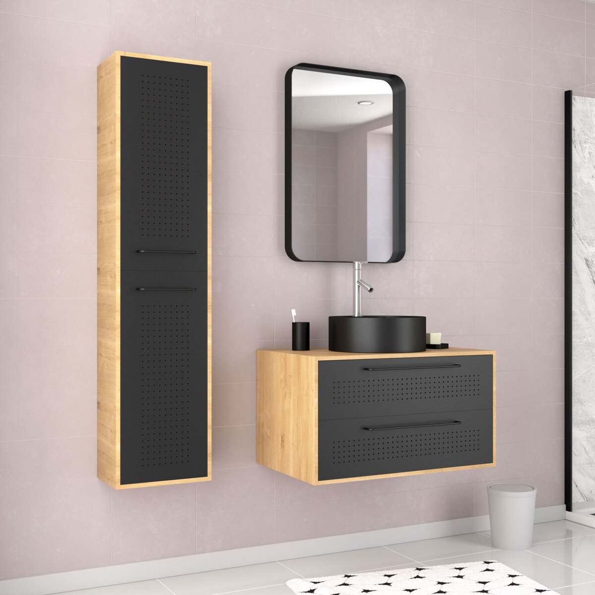 Aurlane Meuble de salle de bain Chêne naturel + Vasque noir mat + Miroir + Colonne - UBY 80 - 80x45x53cm