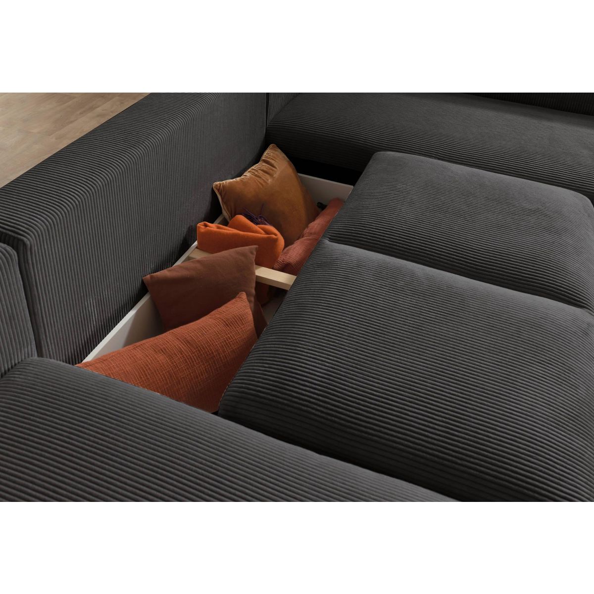 LISA DESIGN Livy - canapé panoramique convertible - avec coffre - en velours côtelé - 7 places - droit