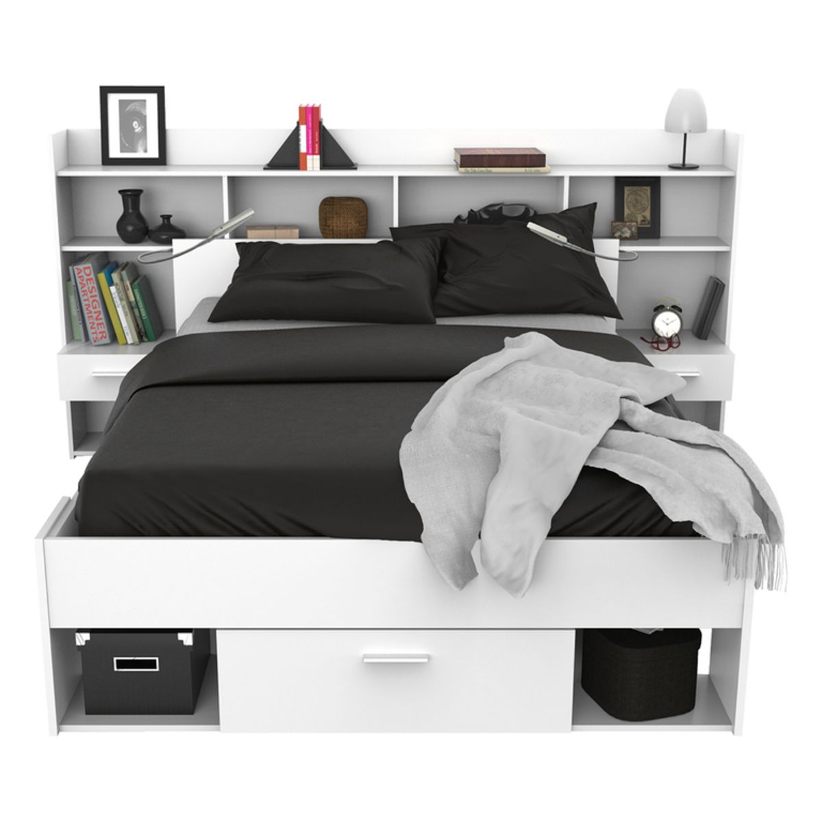 Lit+tête de lit avec rangements LIMA, couchage 140x190/200cm
