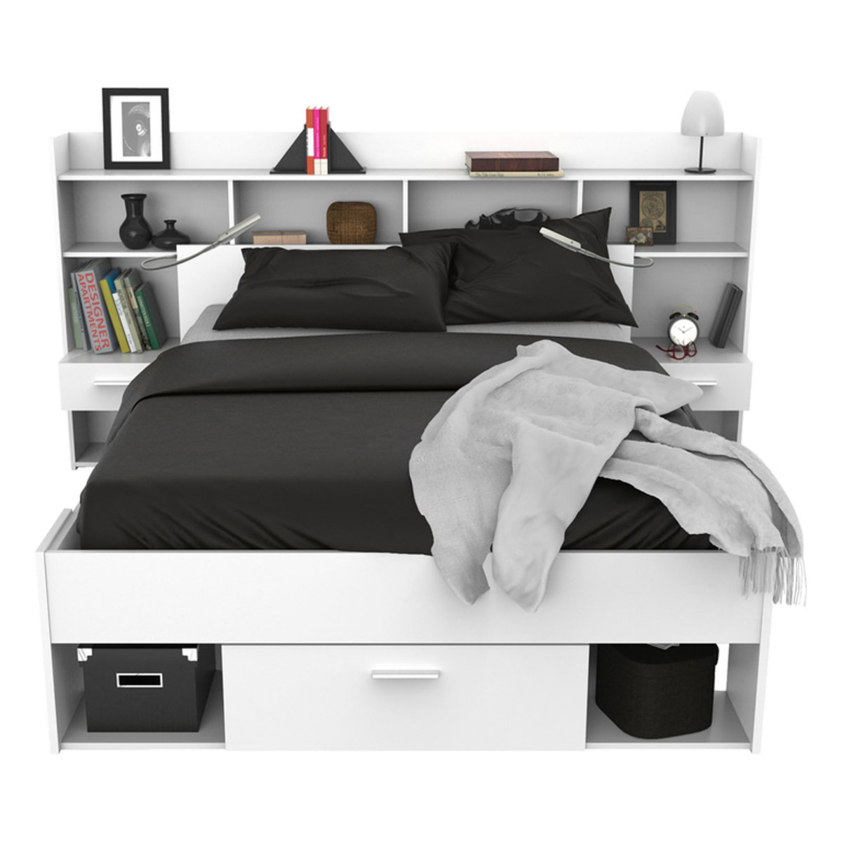 Lit+tête de lit avec rangements LIMA, couchage 140x190/200cm