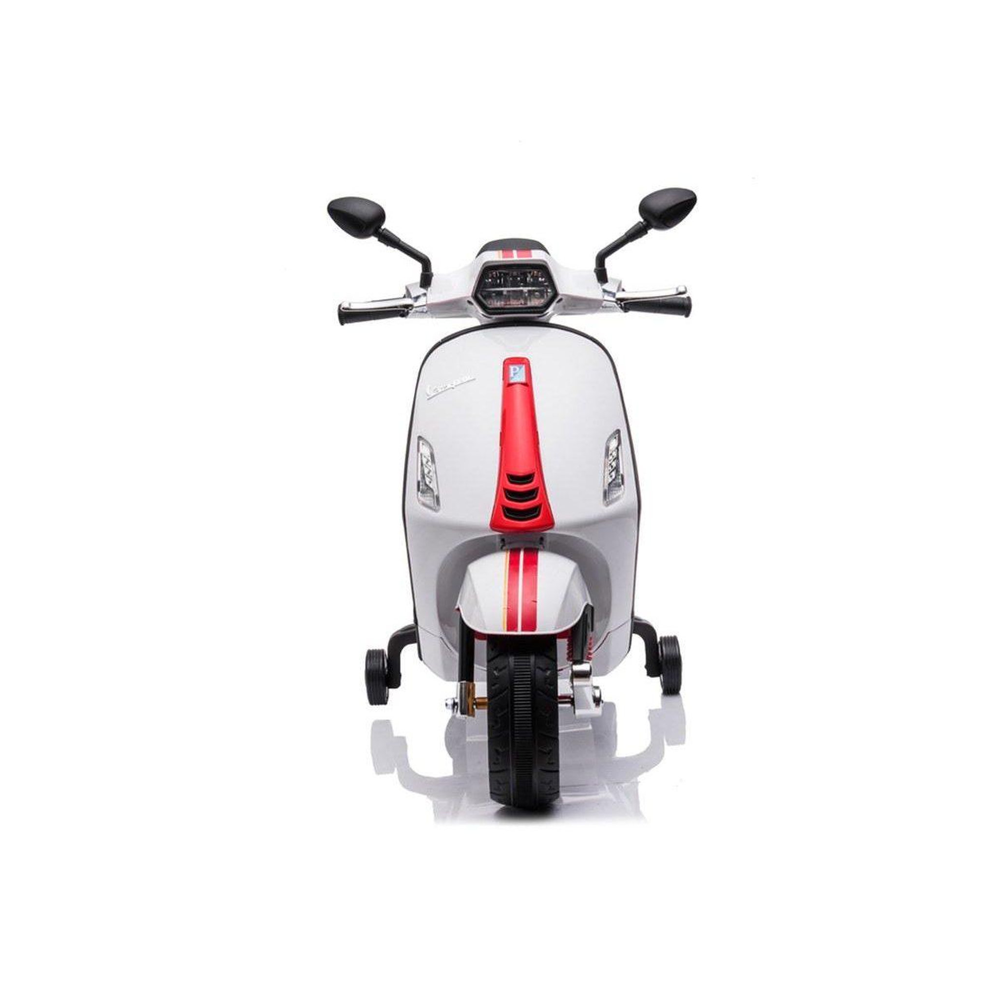 Voir la diapositive 2 : 1001JOUETS Vespa Électrique Enfant - 12V, Roulettes Stabilisatrices, Effets Sonores et Lumineux - Blanc