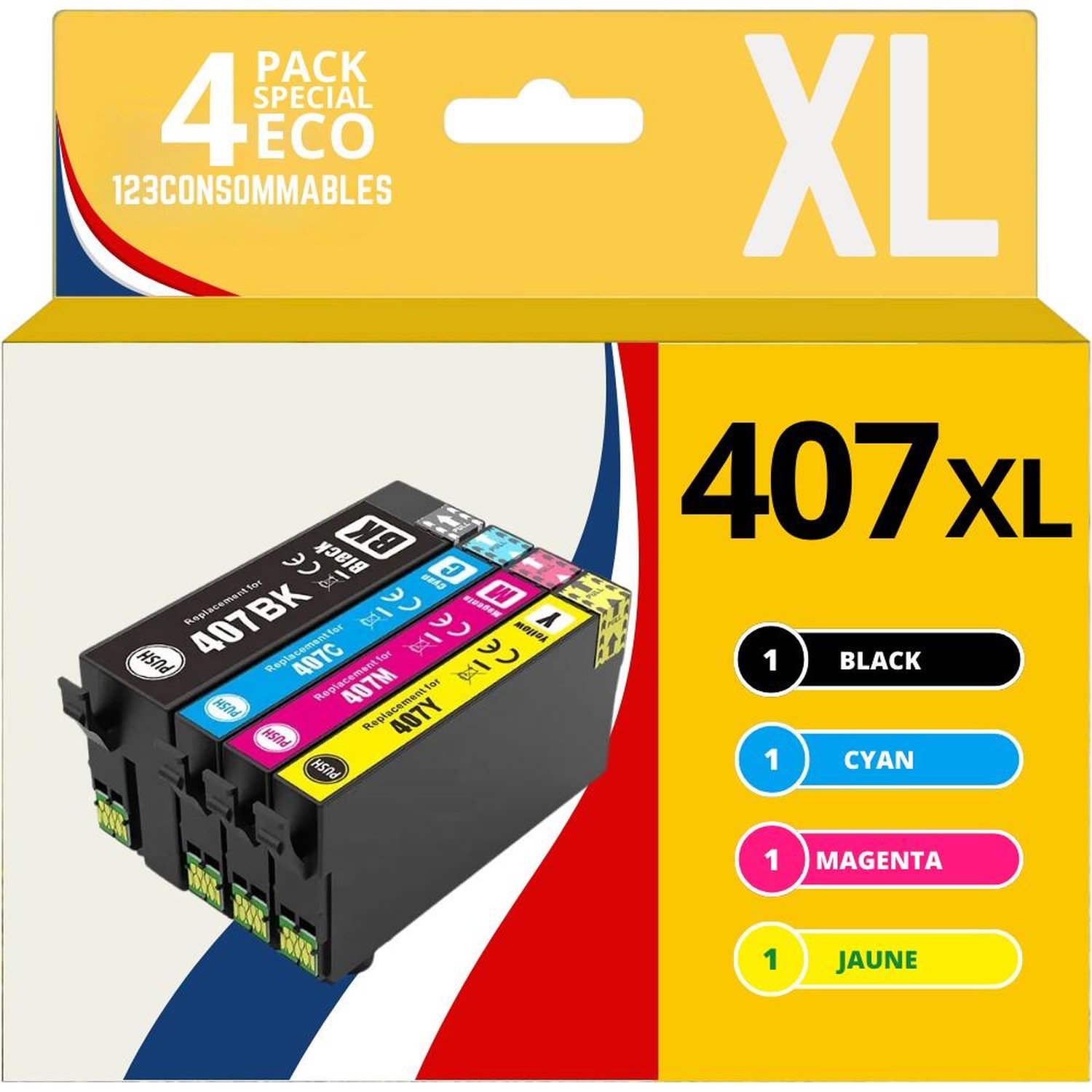 123CONSOMMABLES Pack de 12 Cartouches d'encre compatibles avec Epson 407XL WorkForce Pro WF 4745DTWF 3 Noires 3 Cyan 3 3 Jaune Neuf - vue 5