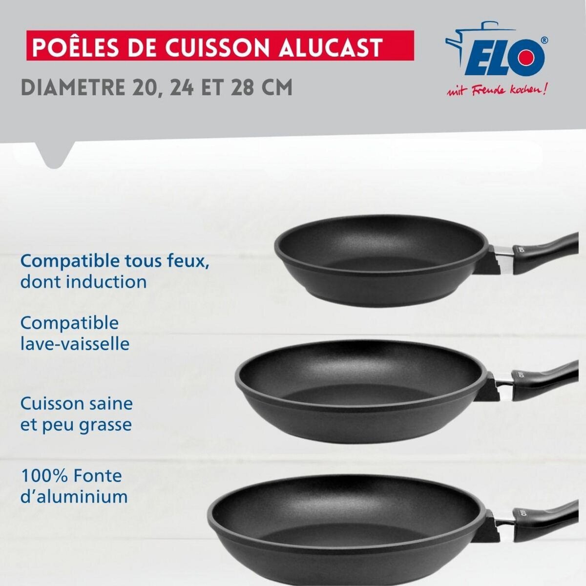 ELO Set de 3 poêles 20 cm 24 cm et 28 cm sans PFAS Elo Alucast