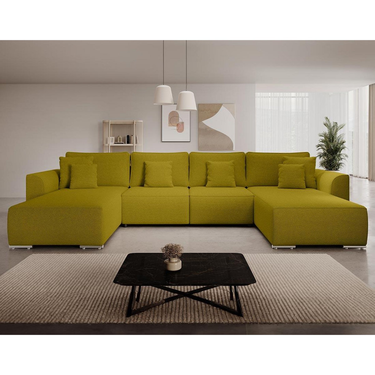 BEST MOBILIER Gabriel - canapé panoramique en u 7 places convertible avec coffre en tissu texturé