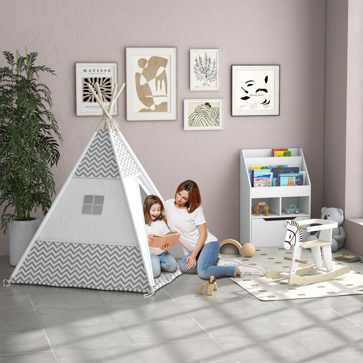 HOMCOM Tente teepee indien enfant style graphique - dim. 1,2L x 1,2I x 1,55H m - porte refermable, fenêtre, tapis, coussin, sac transport inclus - structure bois, toile polyester coton gris blanc