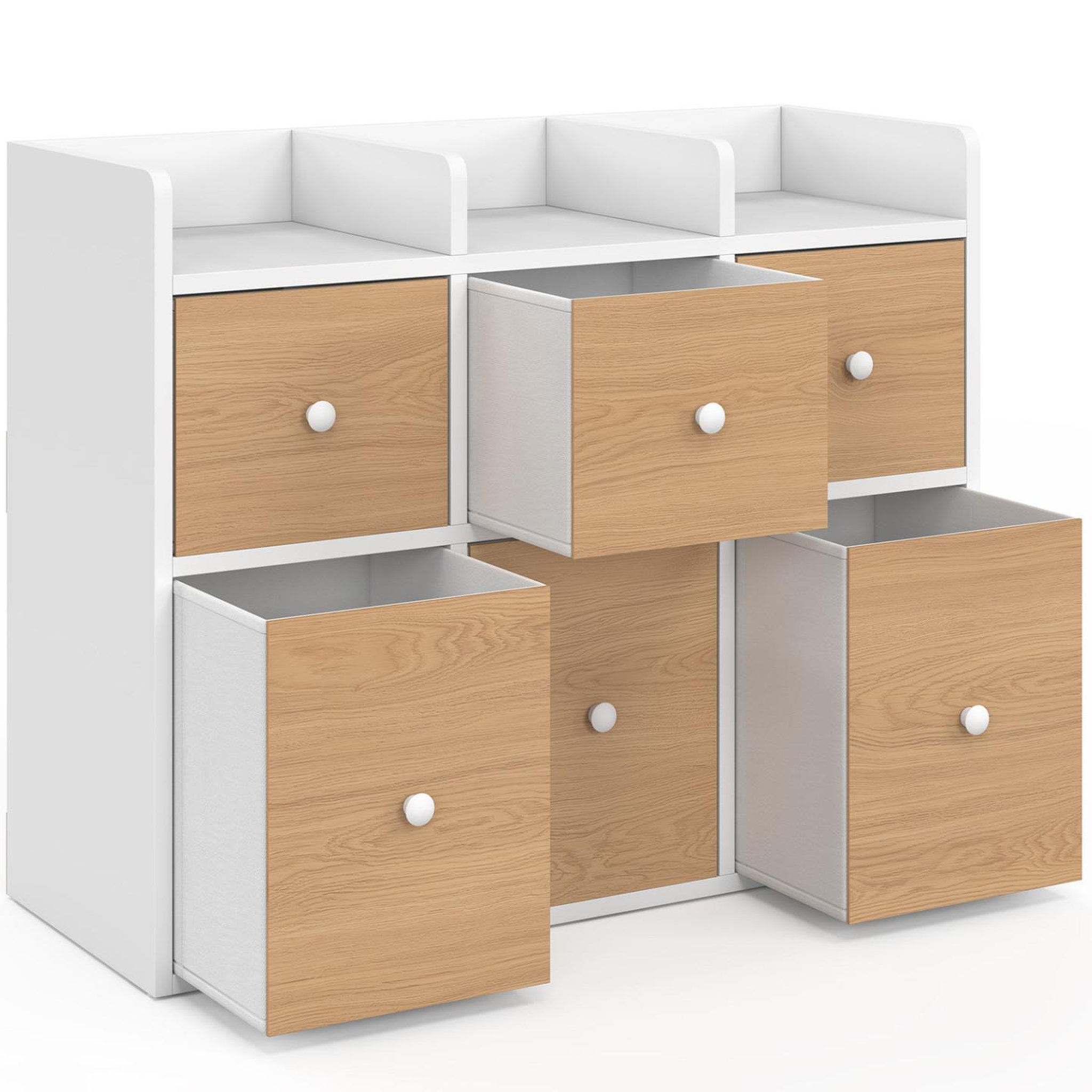 Voir la diapositive 4 : ID MARKET Meuble de rangement enfant PABLO blanc 6 bacs en tissu façade effet hêtre et 3 étagères bibliothèque