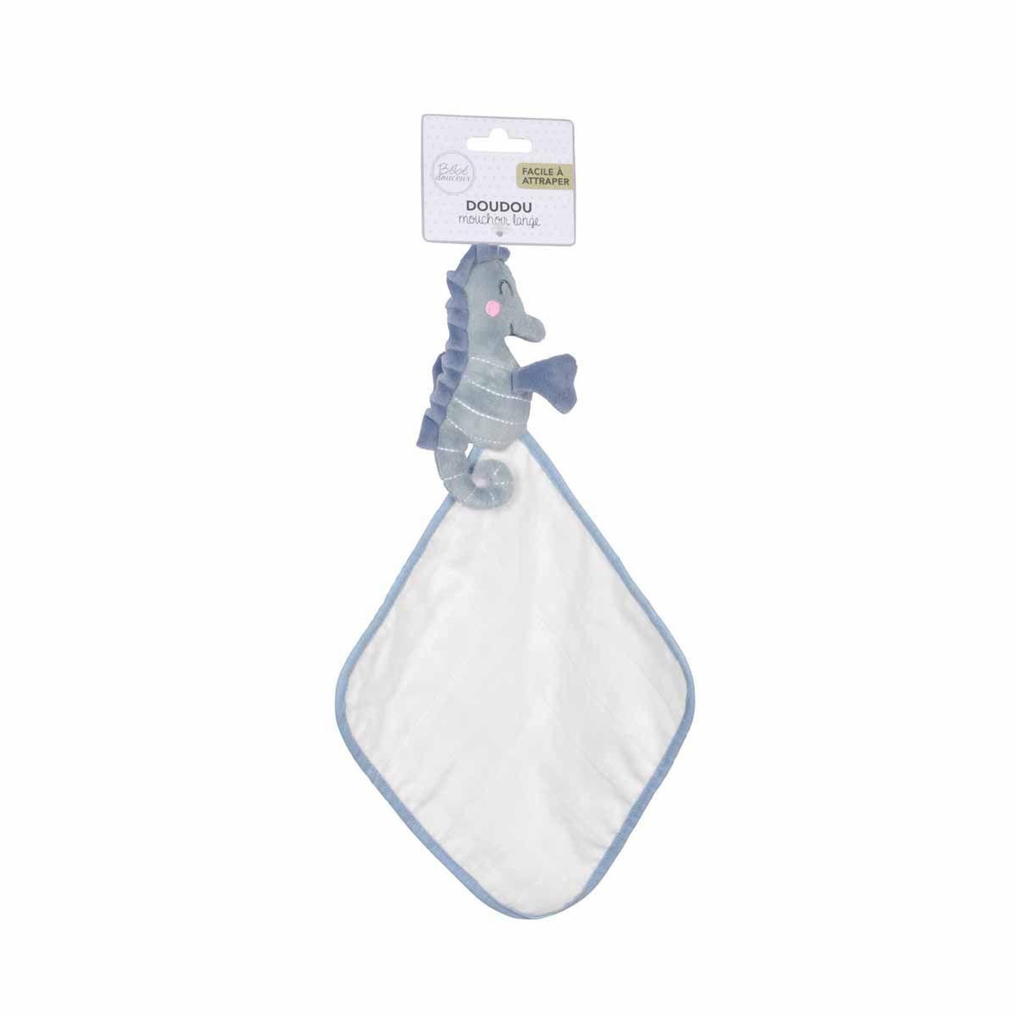 Voir la diapositive 2 : BEBE DOUCEUR Doudou avec lange  hippocampe  18cm bleu