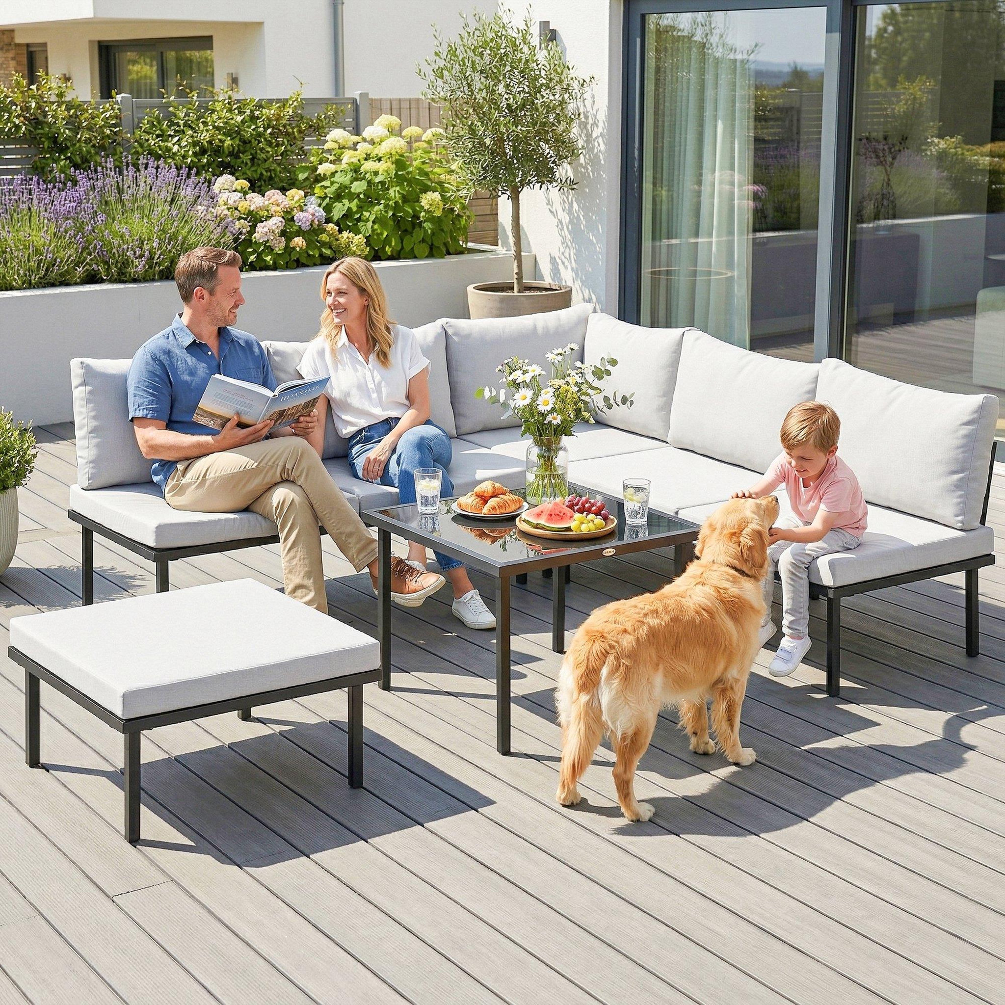 Voir la diapositive 4 : OUTSUNNY Salon de jardin d'angle modulable 6 places avec repose-pieds table basse