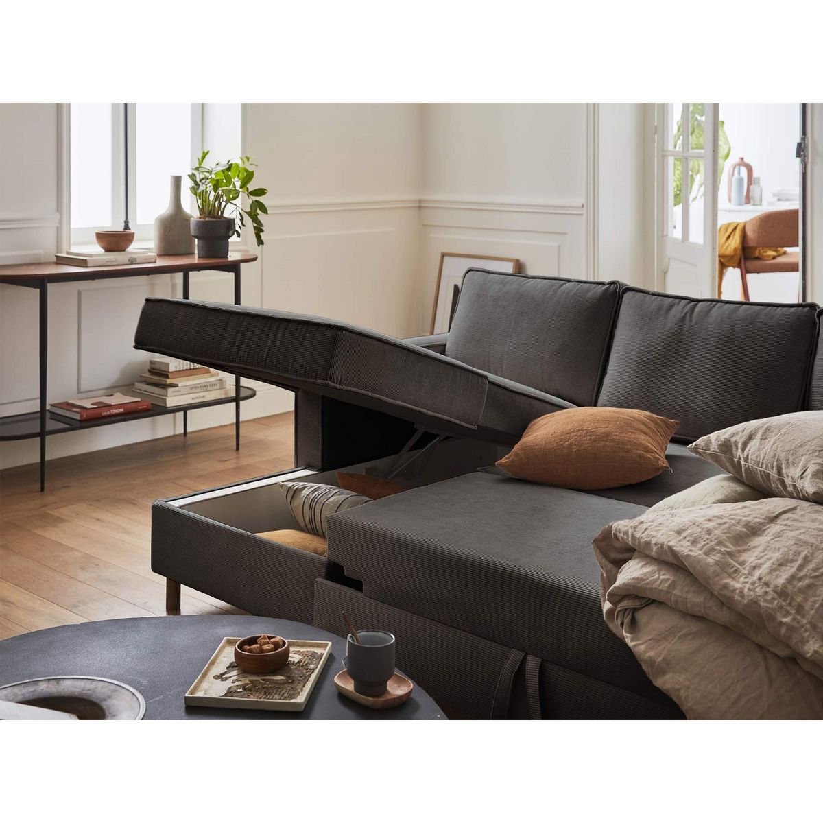 LISA DESIGN Jake - canapé panoramique en u - 7 places - convertible avec coffre - en velours côtelé