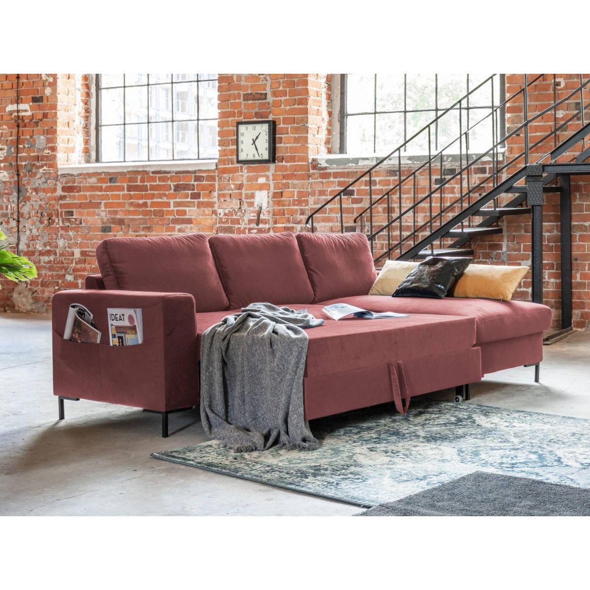 BEST MOBILIER Lilly - canapé d'angle droit - 4 places - convertible avec coffre - en velours