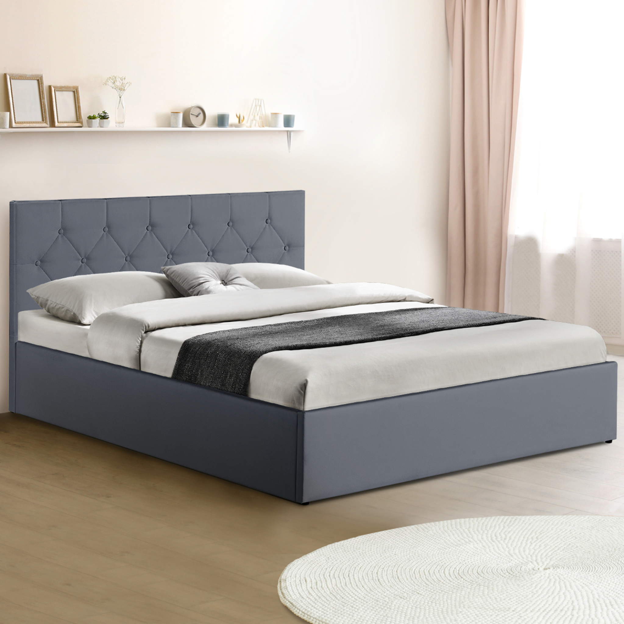 Voir la diapositive 4 : ID MARKET Lit coffre double austin avec tête de lit et sommier 140 x 190 cm pvc gris