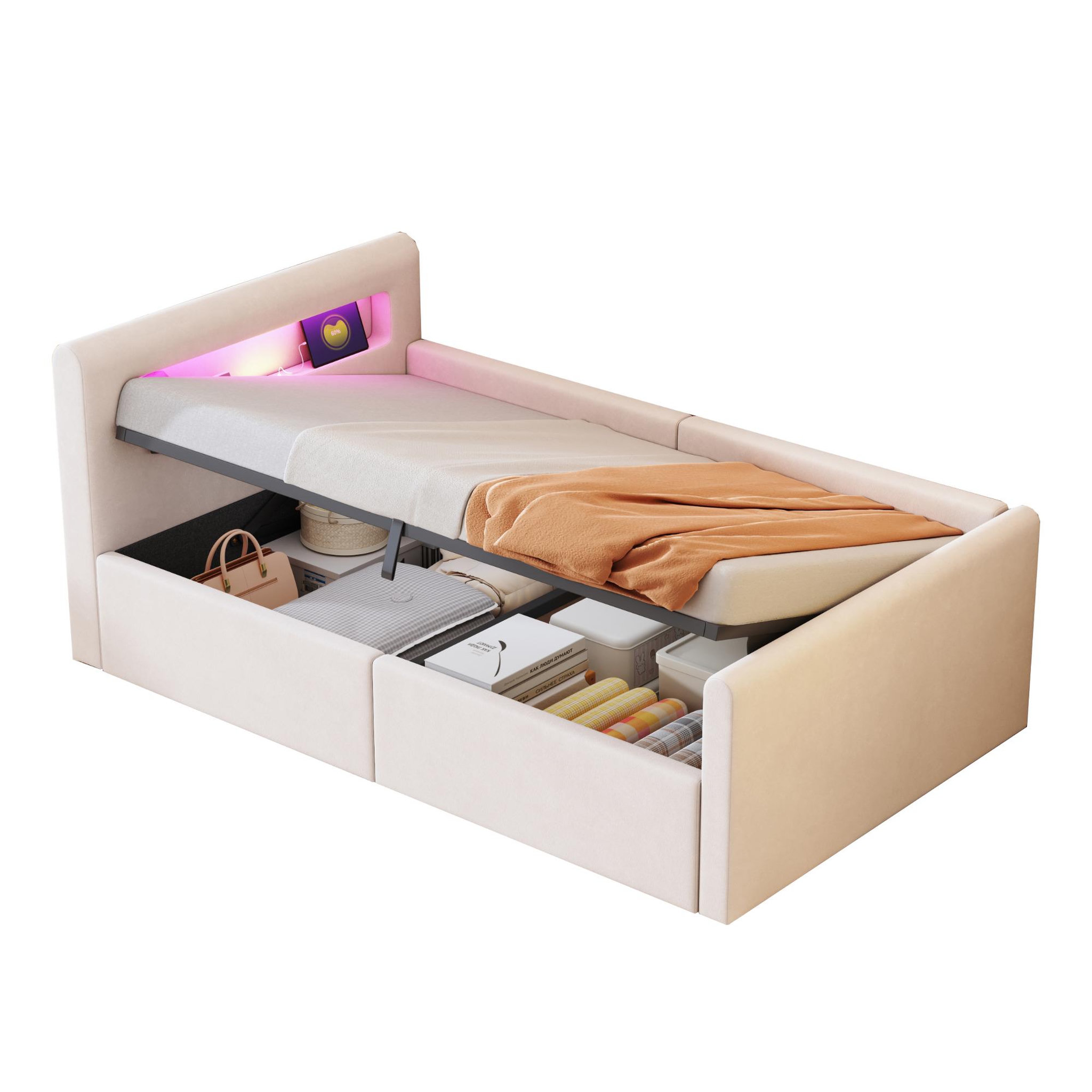 MERAX Lit coffre. Coloris disponibles : Beige, Gris, Rose