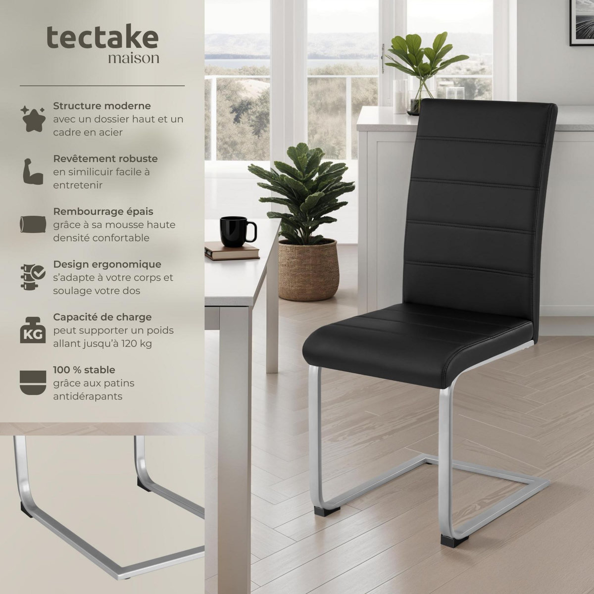 tectake Ensemble de chaises de salle à manger rembourré avec revêtement aspect cuir noir Lot de 2