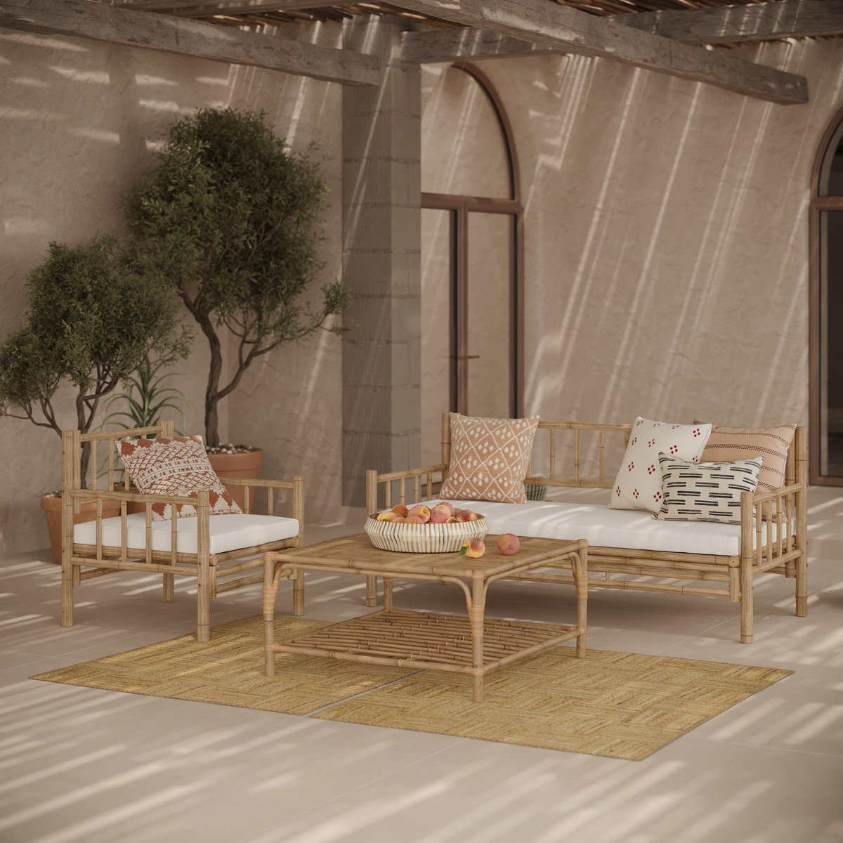 Rendez vous déco Salon de jardin blanc 4 personnes en bambou, table basse carré-Vadella