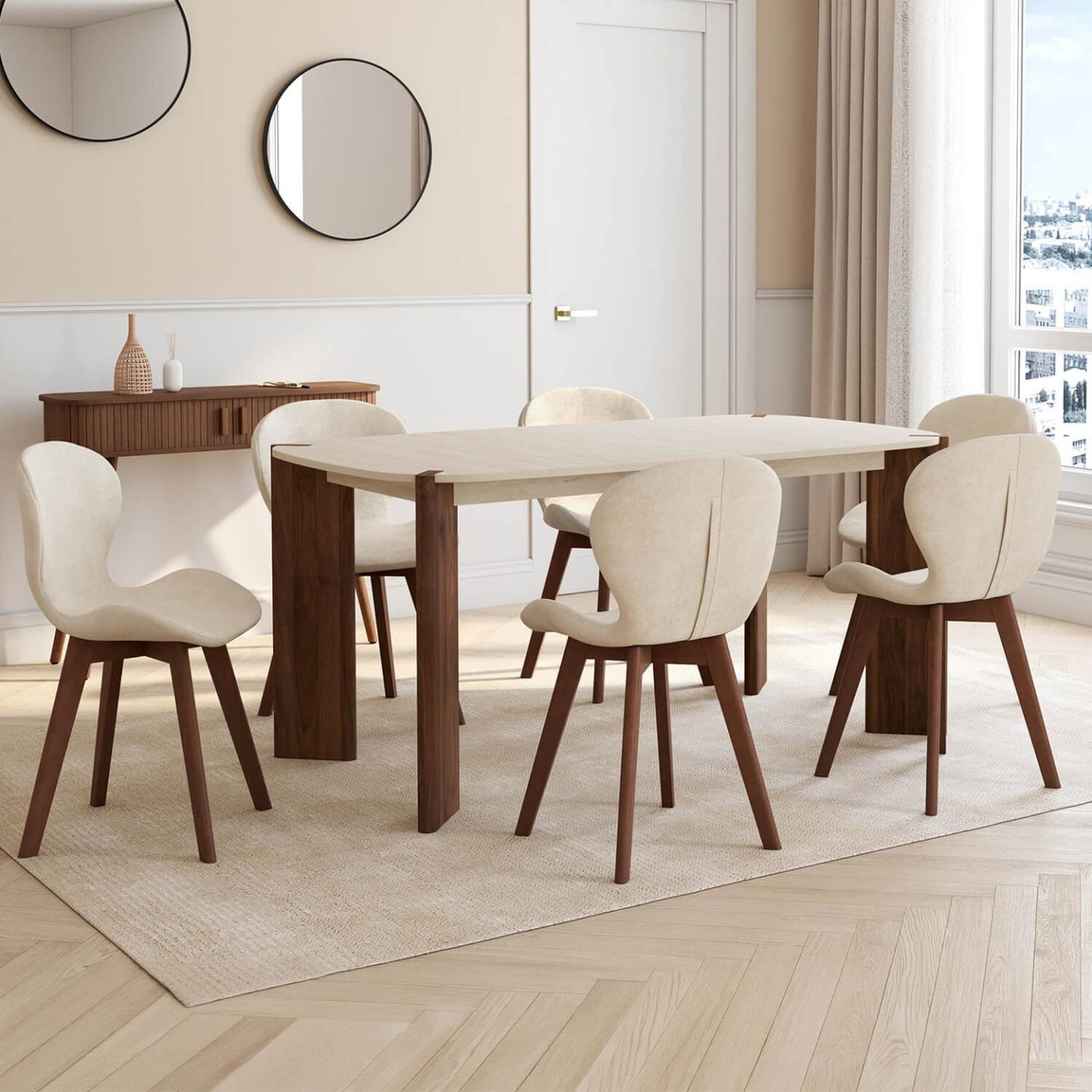 Voir la diapositive 2 : ID MARKET Lot de 6 chaises robine en tissu chenille beige pieds noyer