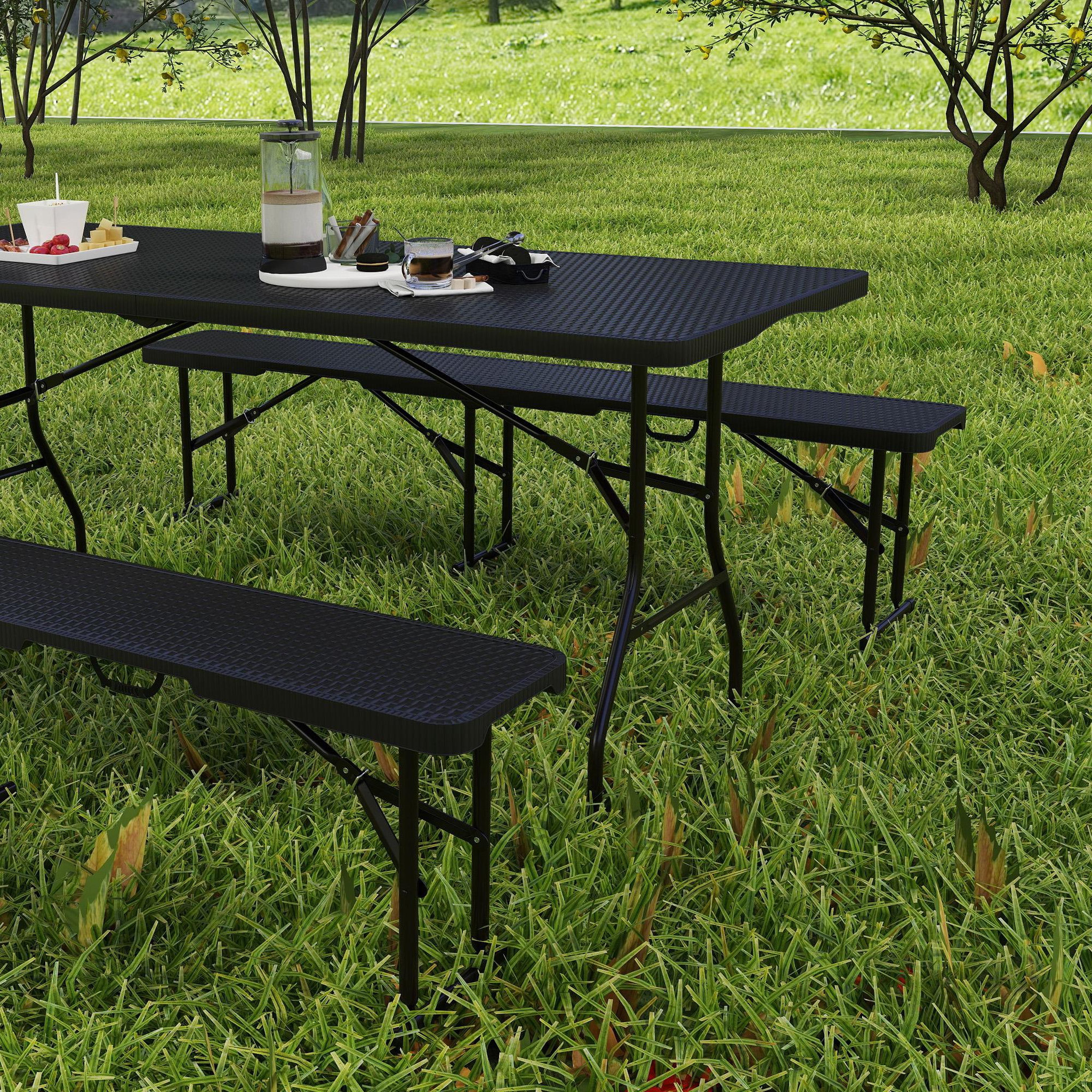 Voir la diapositive 6 : OUTSUNNY Ensemble table 2 bancs pliables avec poignées - usage pique-nique camping - métal époxy hdpe effet rotin noir