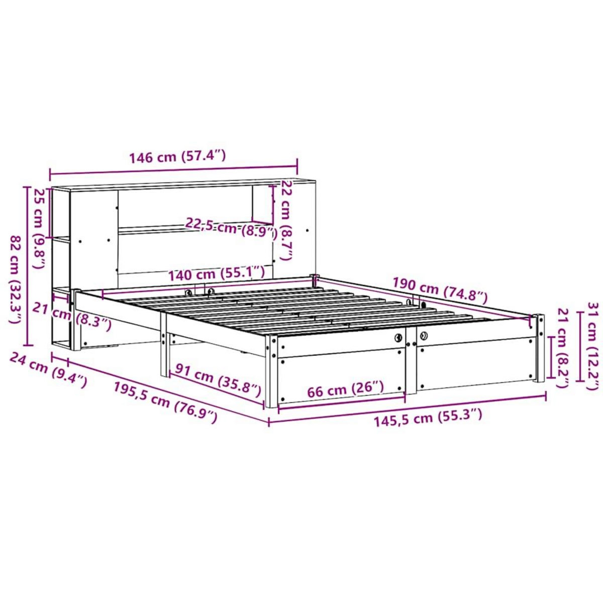 VIDAXL Lit bibliotheque sans matelas 140x190 cm bois de pin massif