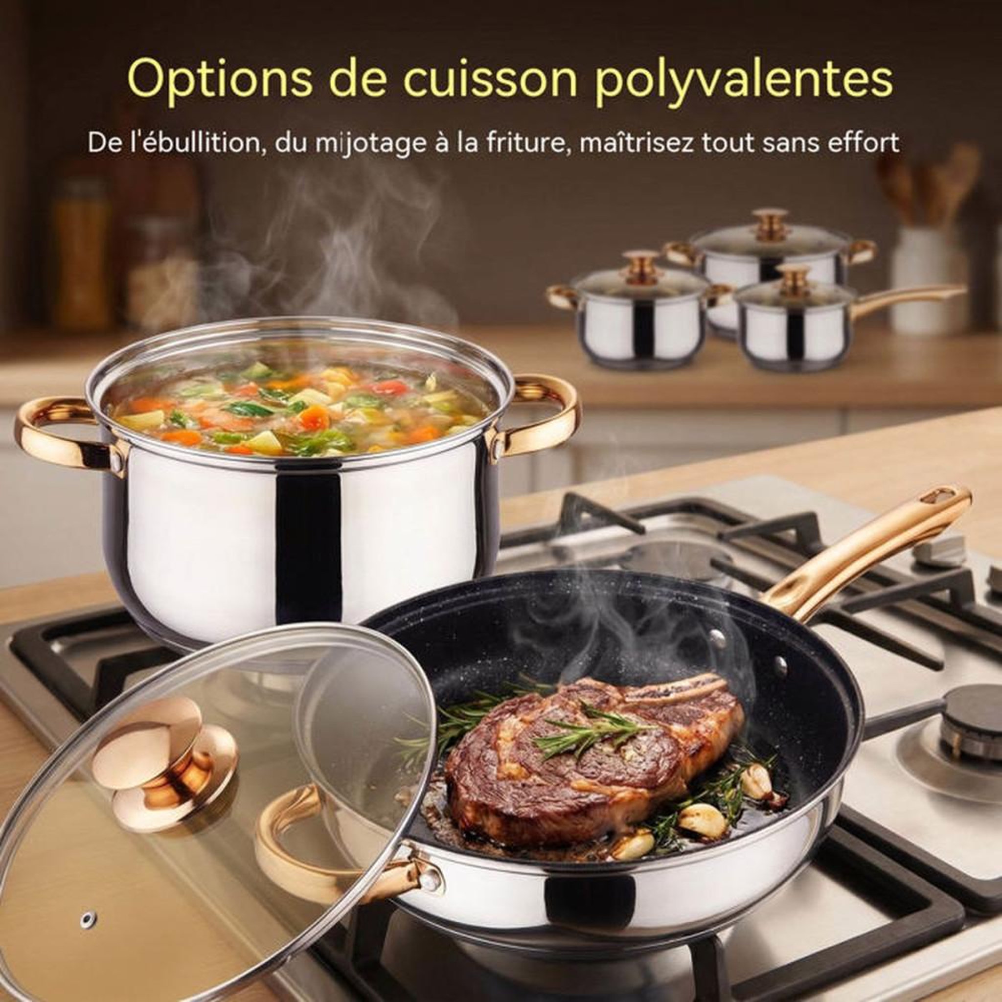 Voir la diapositive 5 : Ensemble de casseroles et poêles en acier inoxydable 201 6 pièces avec couvercles verre teinté finition dorée