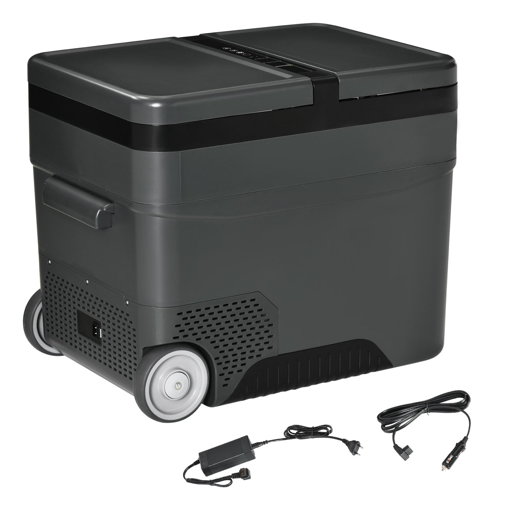 Voir la diapositive 1 : OUTSUNNY Outsunny Glacière-congélateur portable à compression 2 compartiments -22°C - 10°C 45L prise alume-cigare + adaptateur inclus gris noir