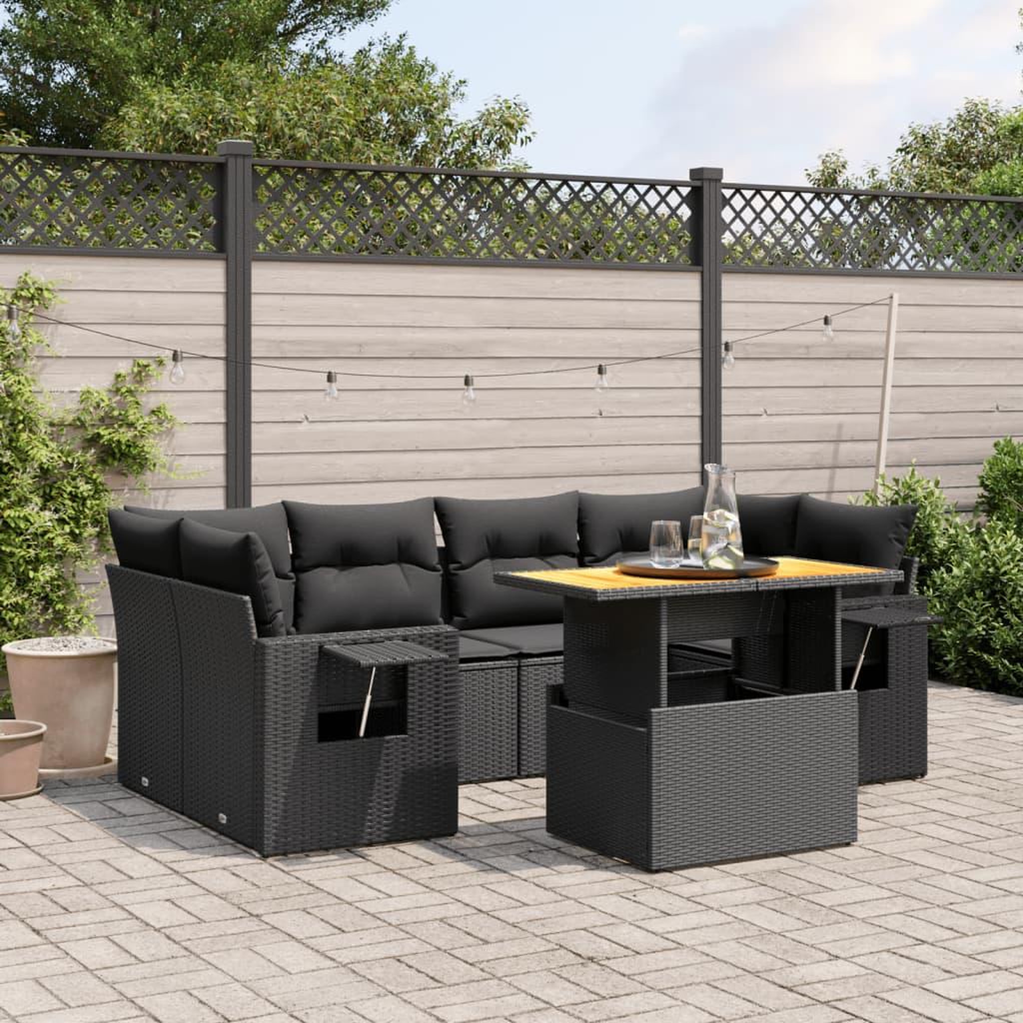 VIDAXL Salon de jardin 7 pcs avec coussins noir resine tressee
