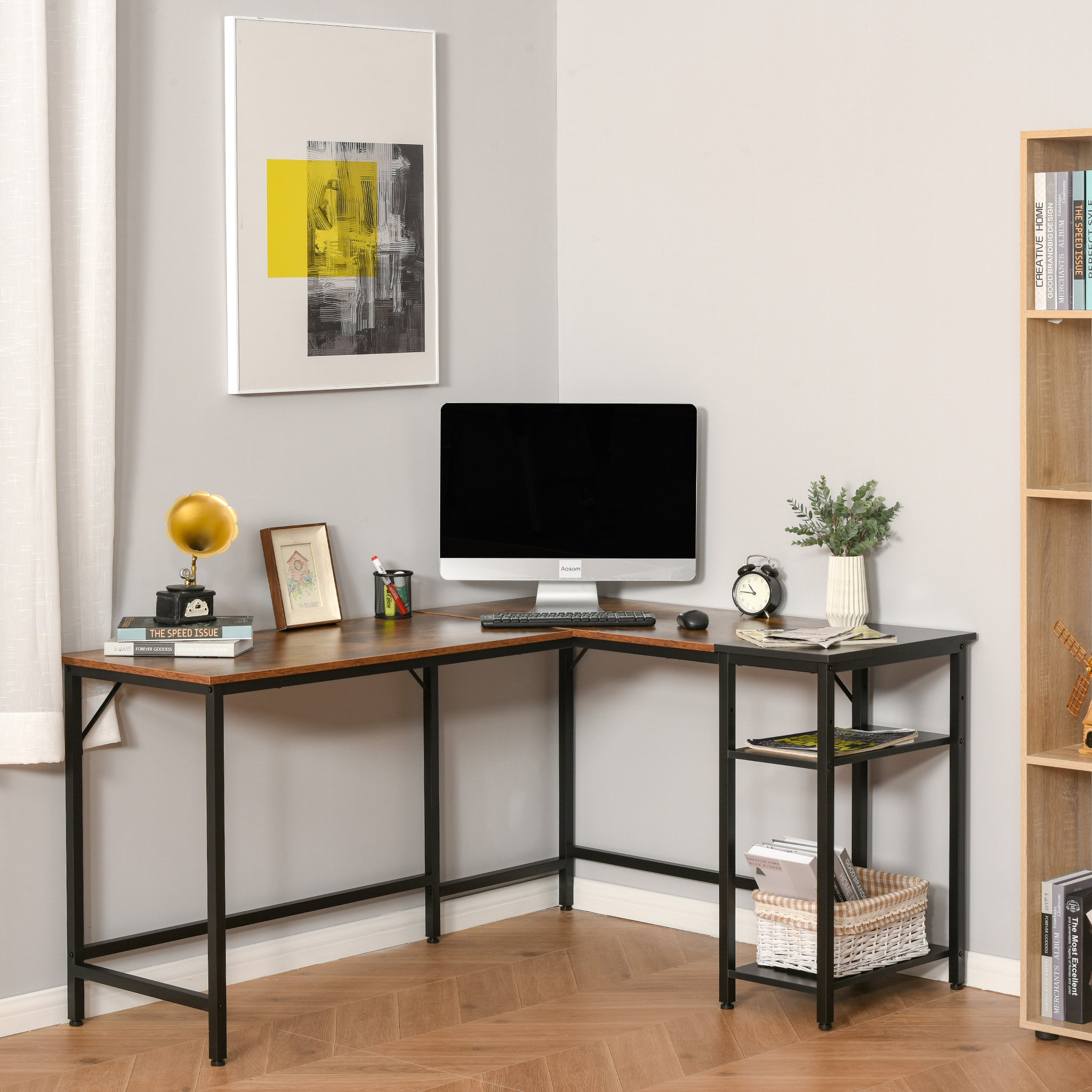 Voir la diapositive 4 : HOMCOM Bureau informatique design industriel bureau d'angle 2 tablettes support CPU imprimante aspect vieux bois métal noir