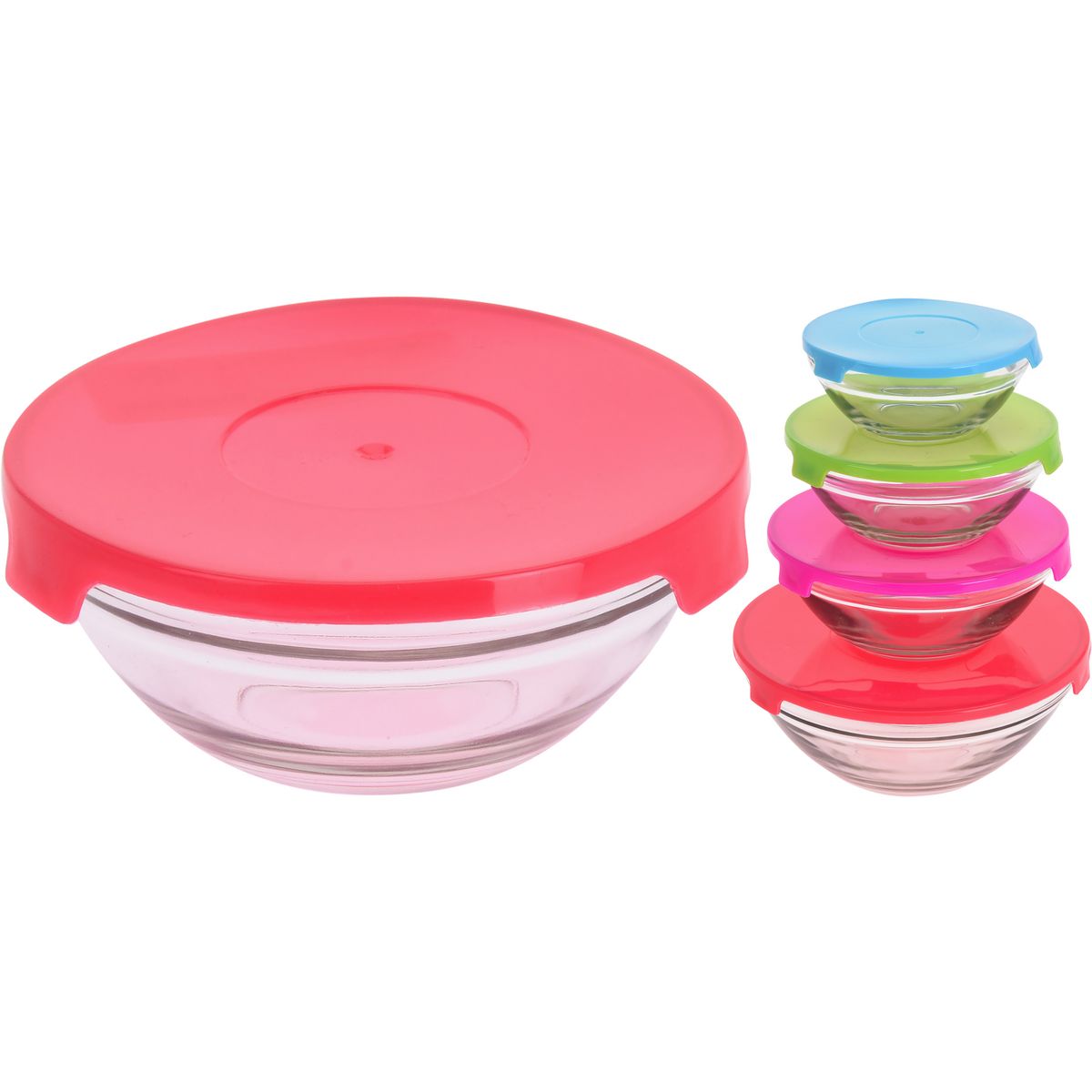 Lot de 5 saladiers multicolores en verre avec couvercle