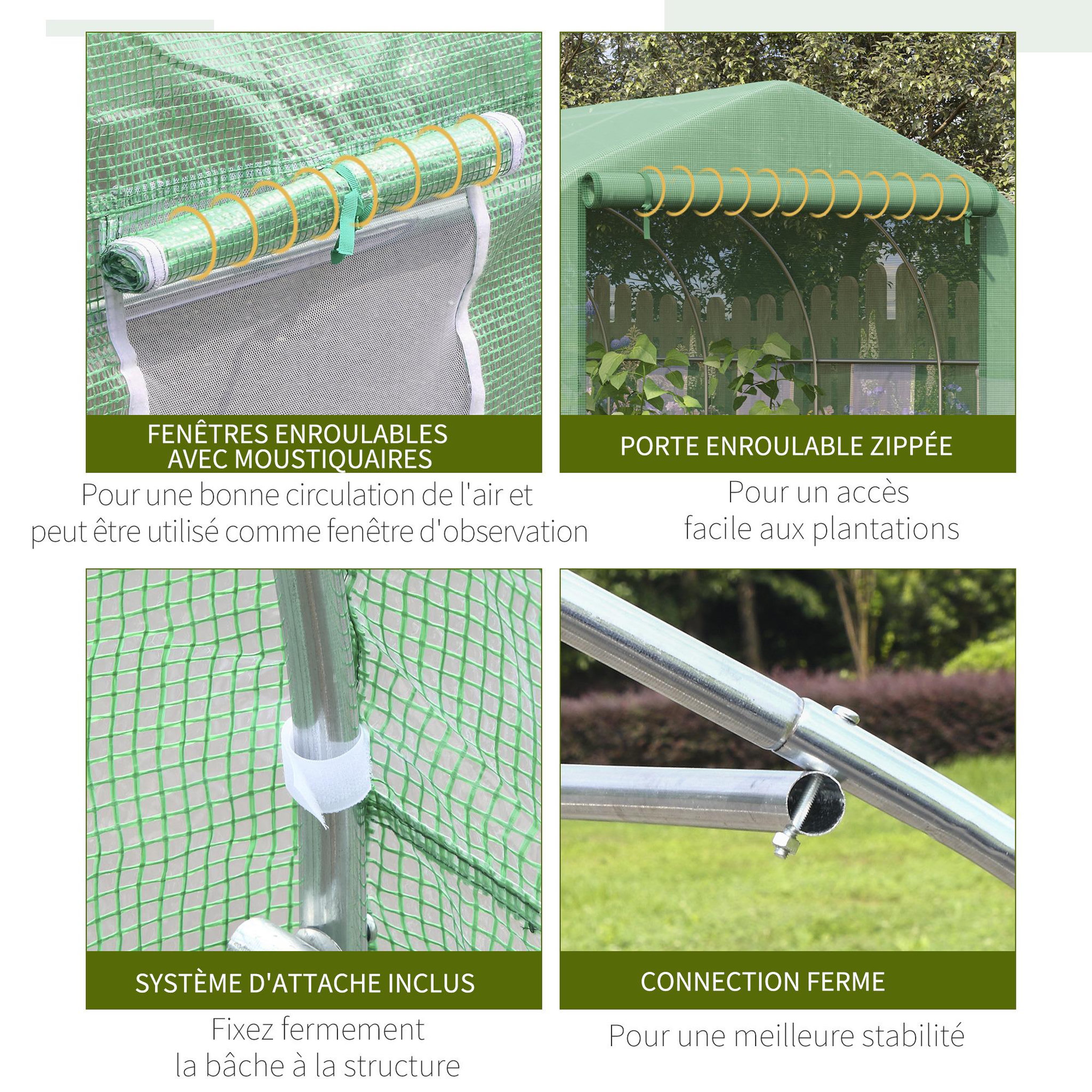 Voir la diapositive 5 : OUTSUNNY Serre tunnel de jardin grande taille dim. 3,47l x 3l x 2h m - 6 fenêtres et porte zippée enroulable - acier galvanisé pe haute densité vert