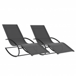 ID MARKET Lot de 2 chaises longues - transat de jardin à bascule MALAWI gris anthracite et toile grise