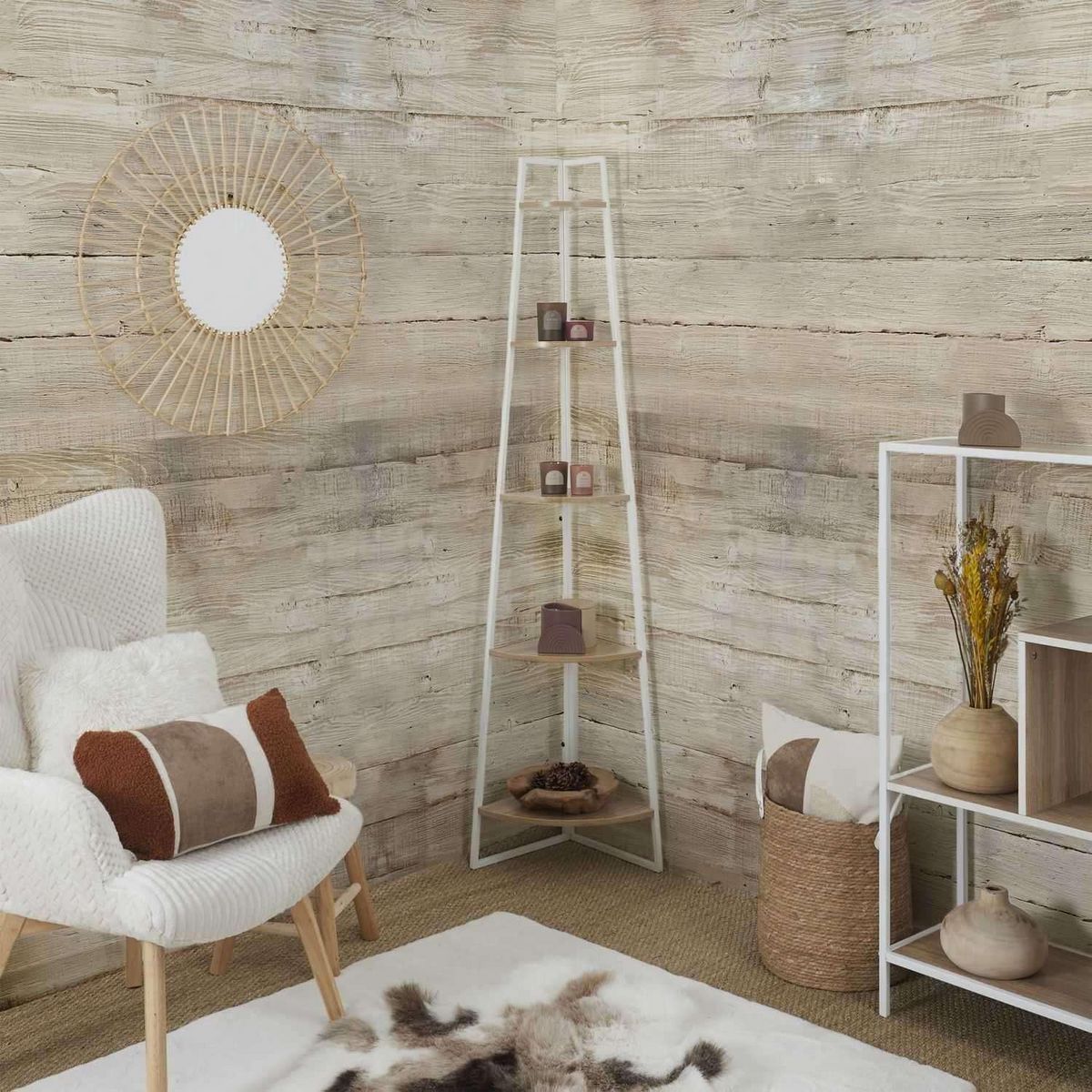 The Home Deco Factory Etagère d'angle 5 niveaux en bois et métal EDISON - Blanc et marron