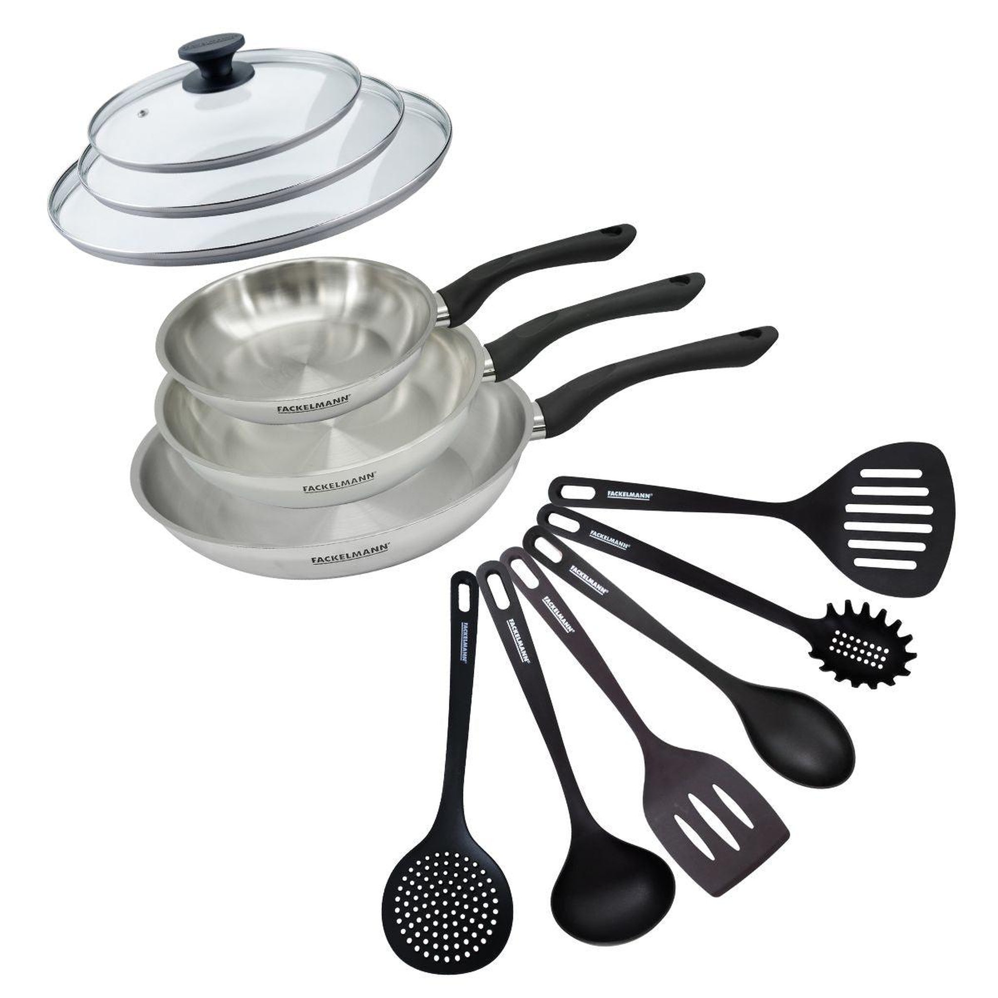 Fackelmann Set 3 poêles 20 24 et 28 cm en inox, couvercles verre et 6 ustensiles Fackelmann Geneva