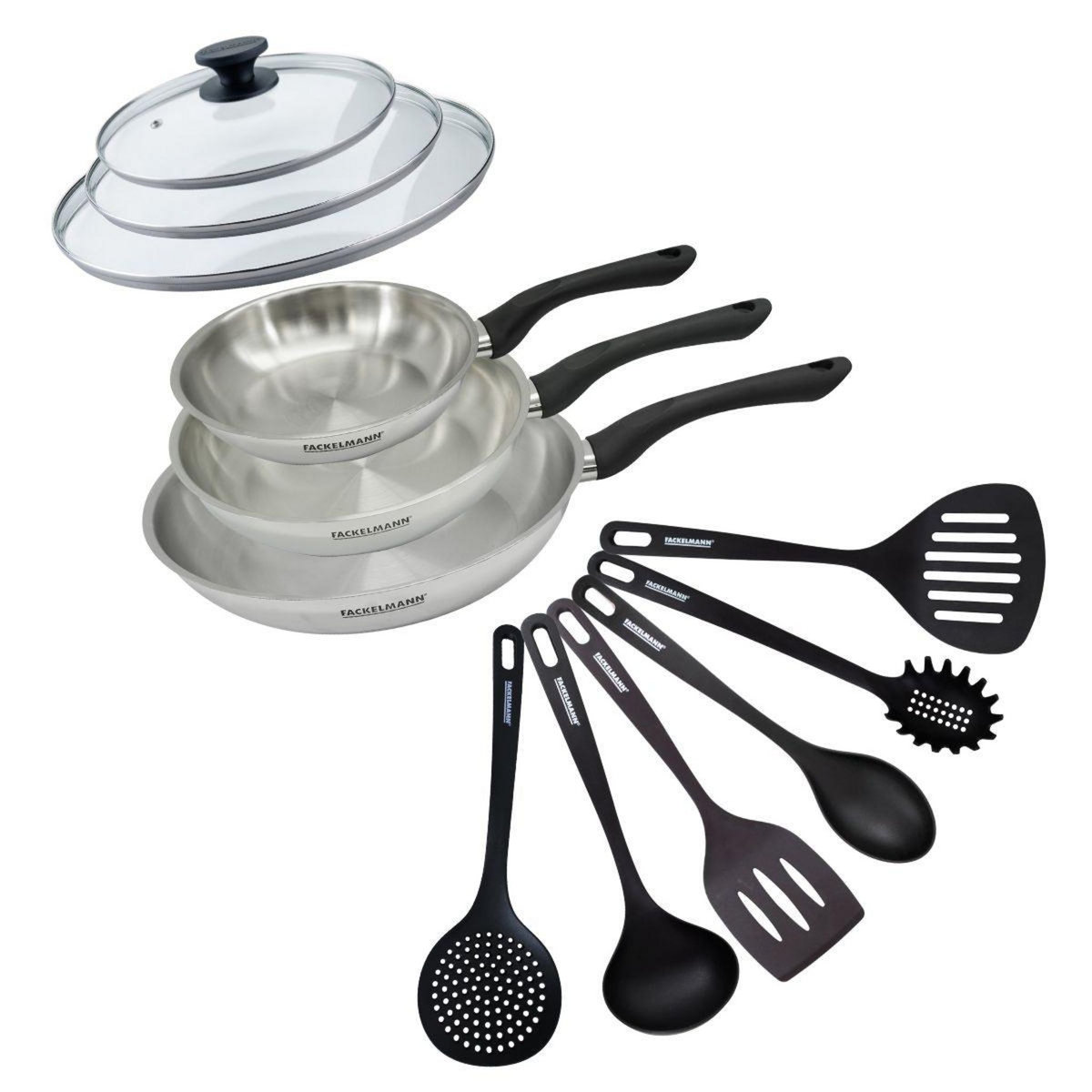 Fackelmann Set 3 poêles 20 24 et 28 cm en inox, couvercles verre et 6 ustensiles Fackelmann Geneva