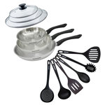 Fackelmann Set 3 poêles 20 24 et 28 cm en inox, couvercles verre et 6 ustensiles Fackelmann Geneva