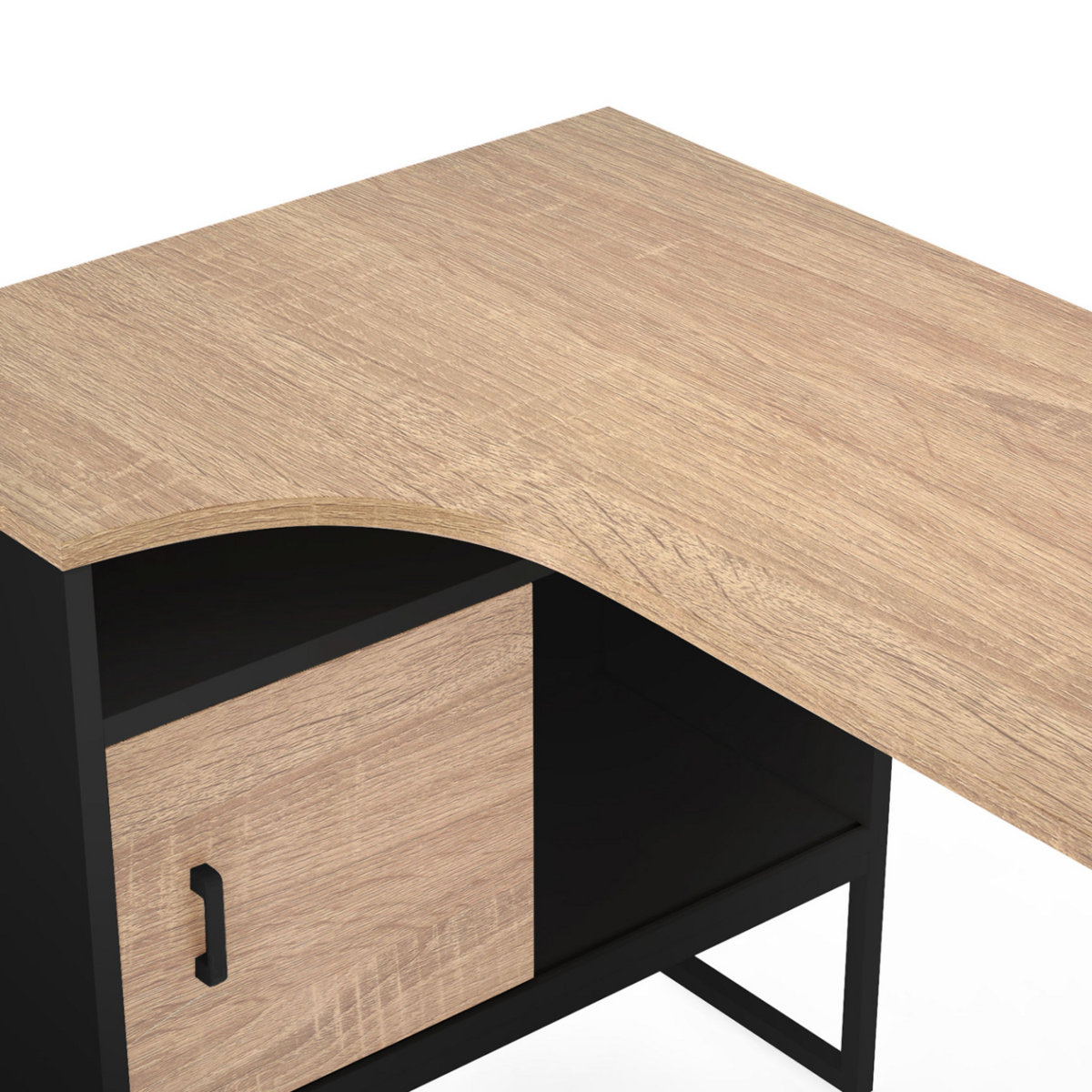 ID MARKET Bureau d'angle ROB noir et façon hêtre niche de rangement et porte design industriel