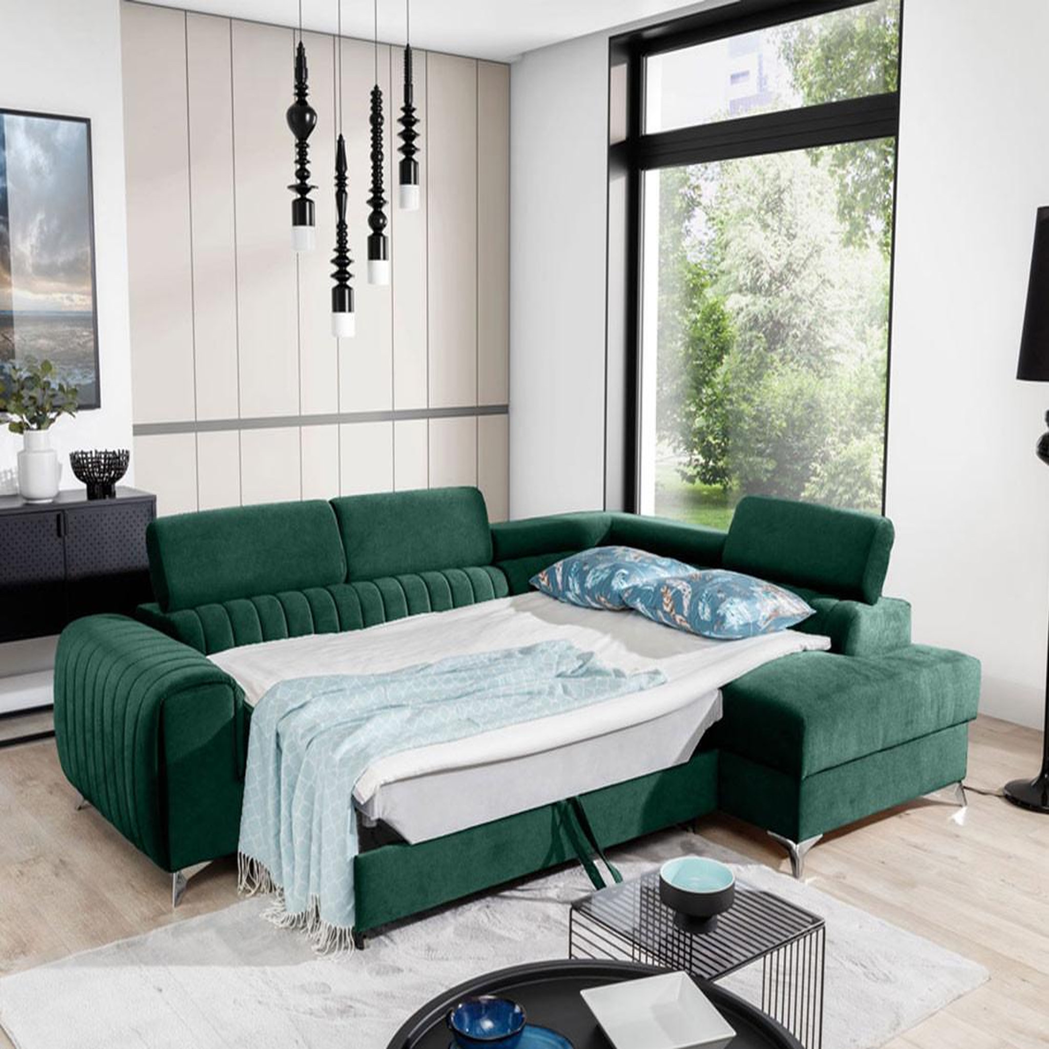 Voir la diapositive 2 : BEST MOBILIER Talisay - canapé d'angle droit - 5 places - convertible avec coffre - en velours
