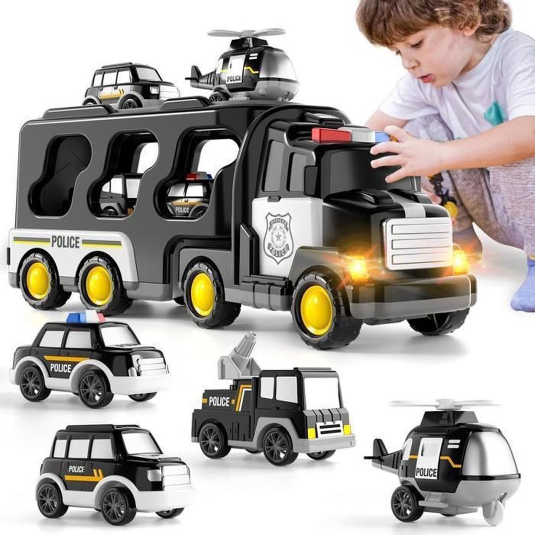 Set 5 véhicules de police : camion porte-voitures, 3 voitures et 1 hélicoptère ABS sans BPA, lumières et musique, noir, dès 3 ans