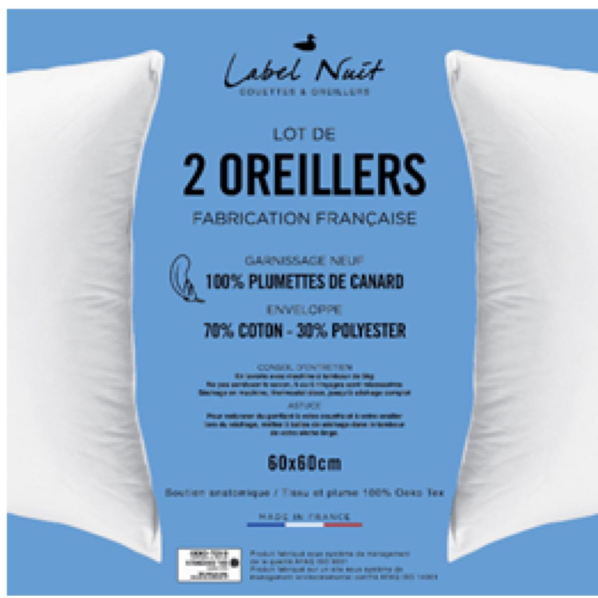 Lot de 2 oreillers confort moelleux en plumettes de canard traité anti-acariens