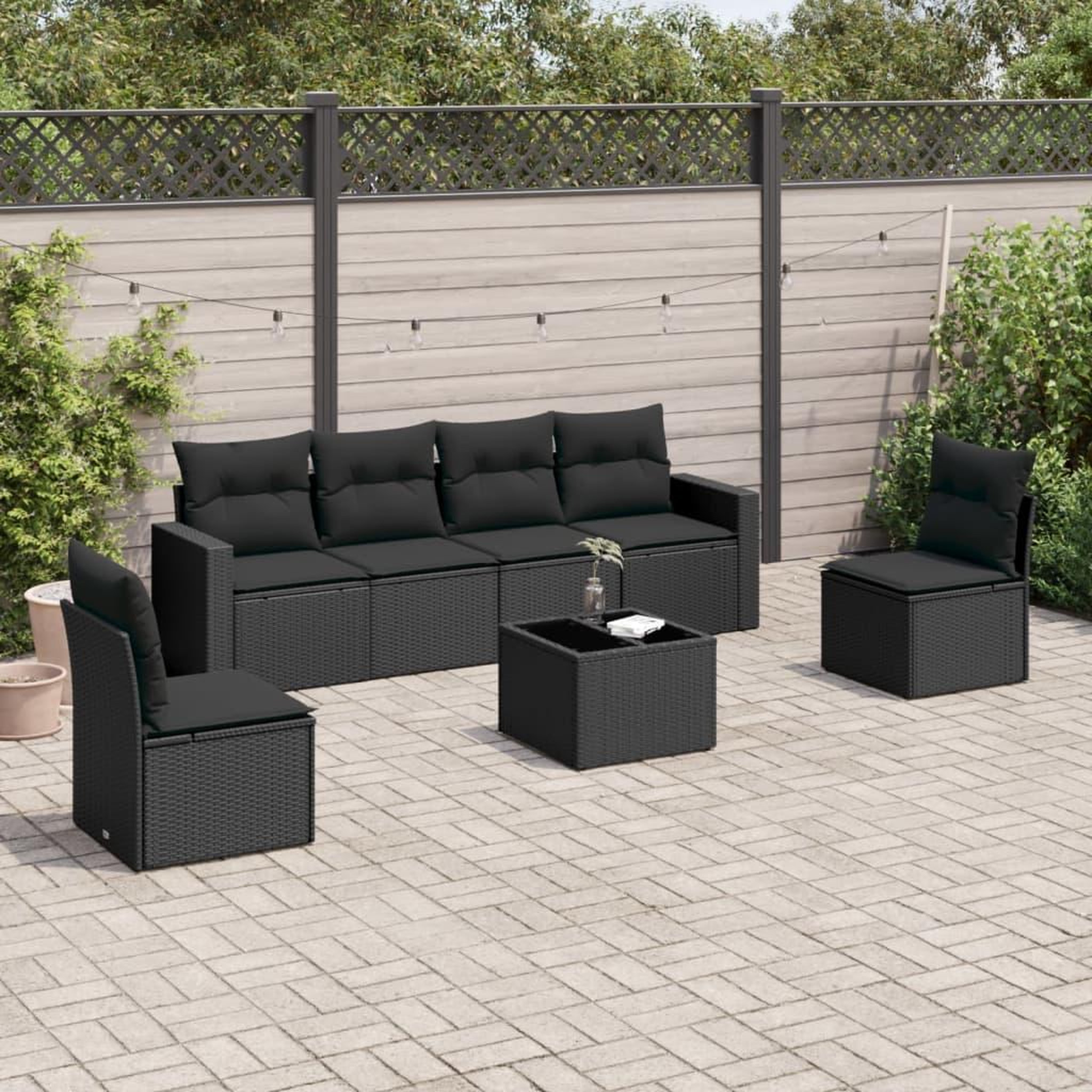 VIDAXL Salon de jardin 7 pcs avec coussins noir resine tressee