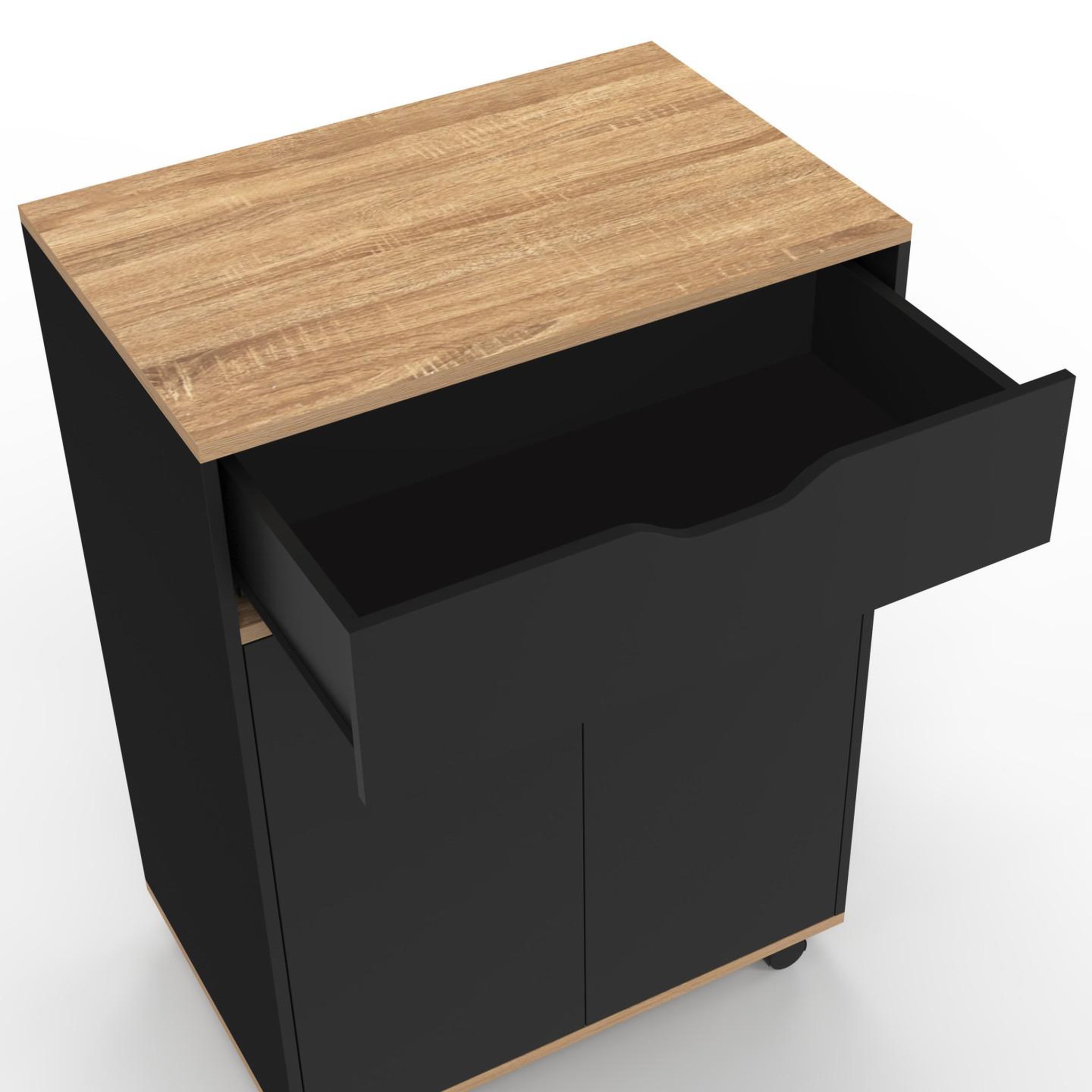 Voir la diapositive 6 : ID MARKET Desserte de cuisine cosy placard avec tiroir bois noir et plateaux façon hêtre l.60 cm