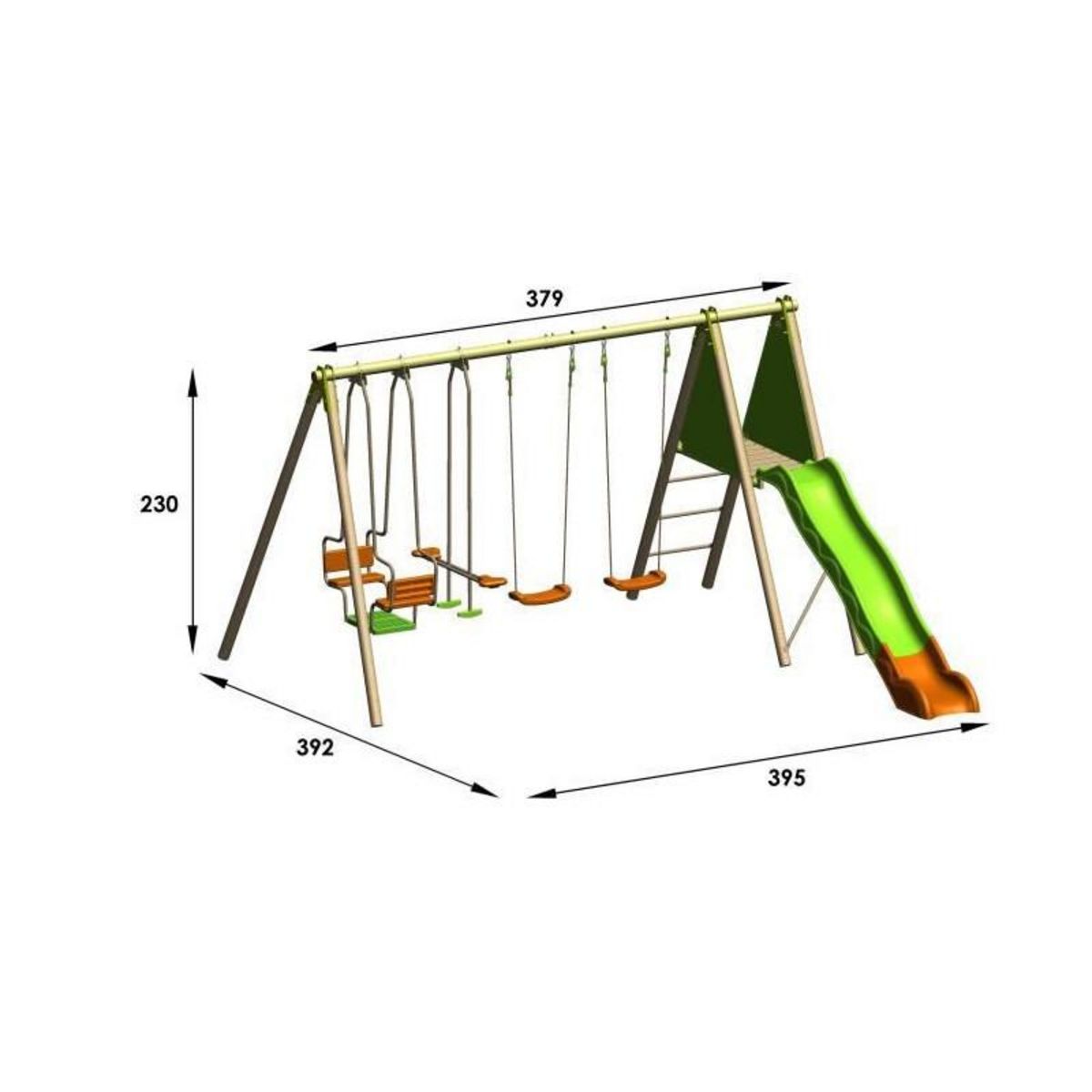 Trigano Portique bois et métal - 2,30m - 2 balançoires, 1 face a face, 1 nacelle et 1 toboggan 2,63m - KAHUNA TRIGANO