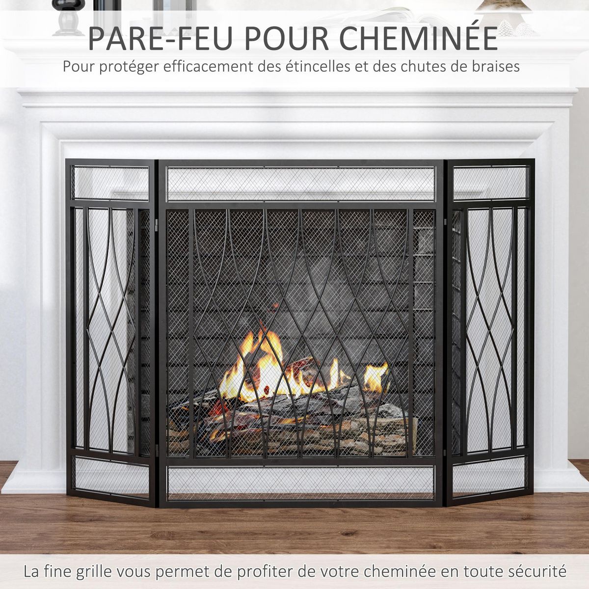 HOMCOM Grille de protection pour cheminée - pare-feu large pour cheminée ou poêle - pare-étincelles - barrière de sécurité - 3 volets pliables - métal noir