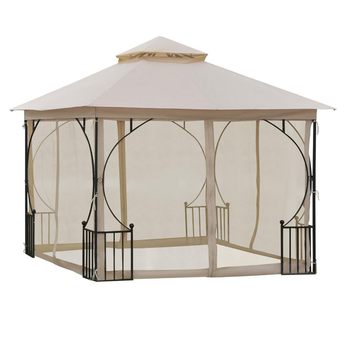 OUTSUNNY Pavillon de jardin tonnelle barnum style colonial double toit toiles moustiquaires amovibles zippées dim. 2,95L x 2,95l x 2,75H m beige noir