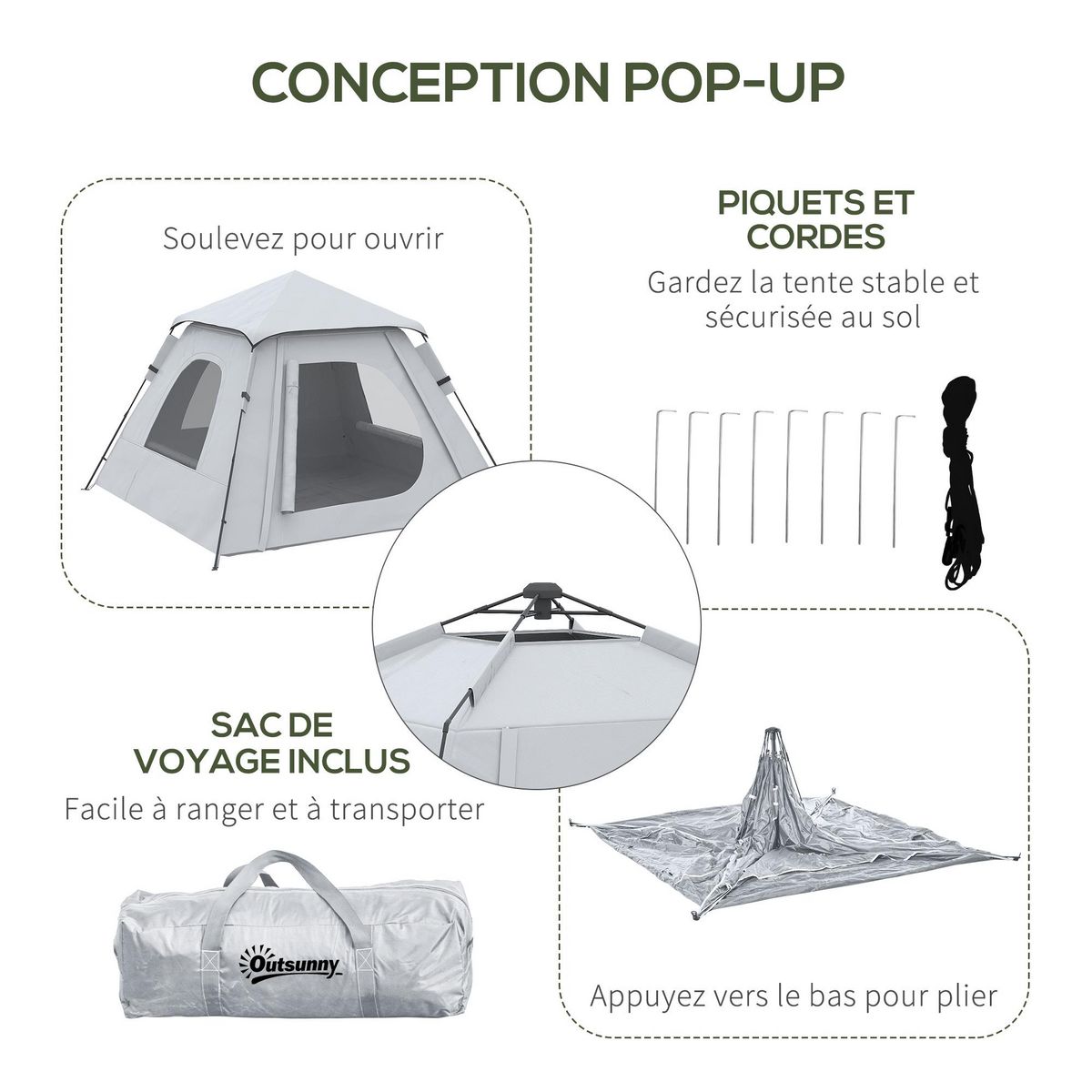 OUTSUNNY Tente de camping automatique pop up 2-3 pers. - porche, sac de transport - dim. 210L x 210l x 150H cm - gris clair