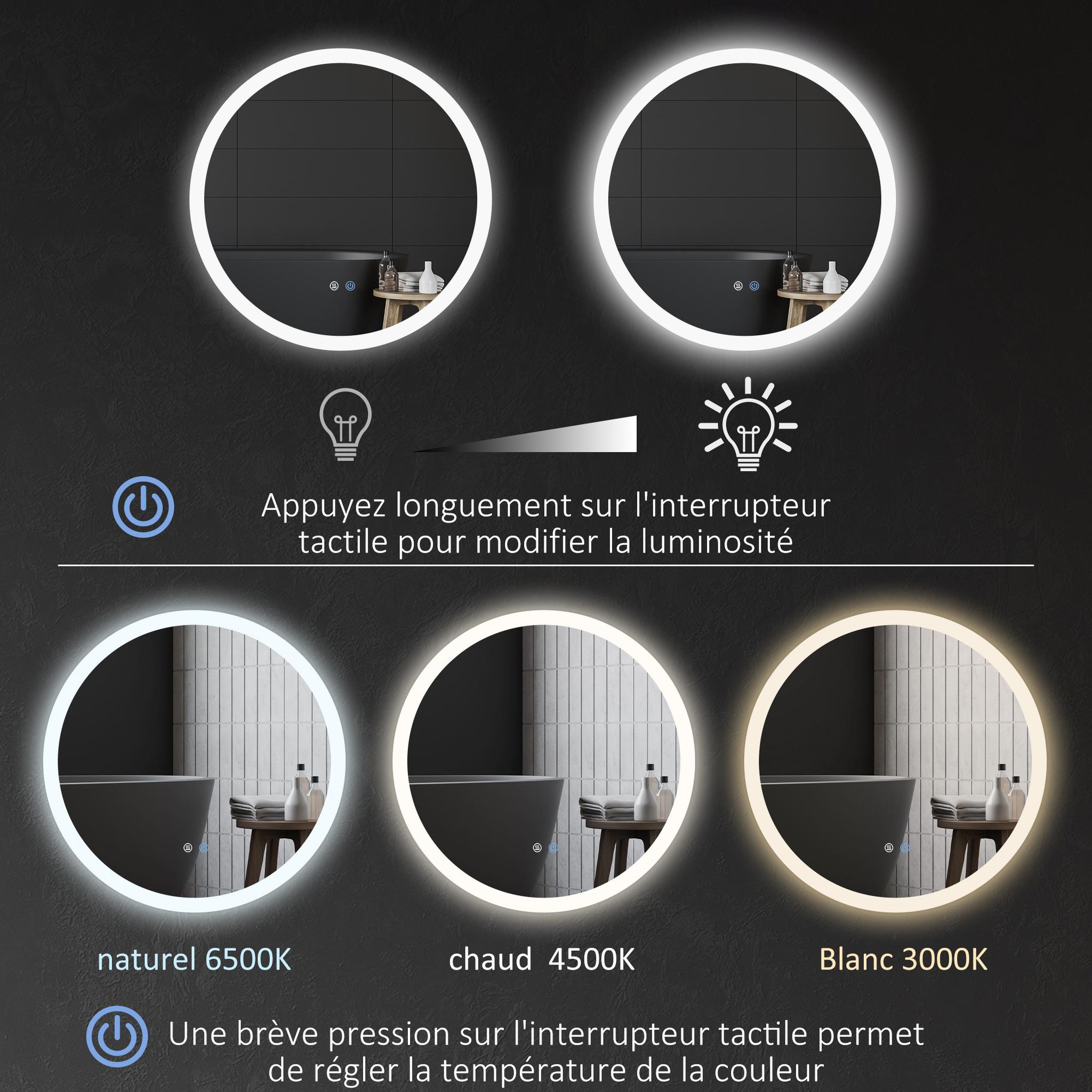 Voir la diapositive 5 : KLEANKIN Miroir rond lumineux led de salle de bain ø 70 cm mural avec éclairage 3 couleurs interrupteur tactile système antibuée 35w blanc argent