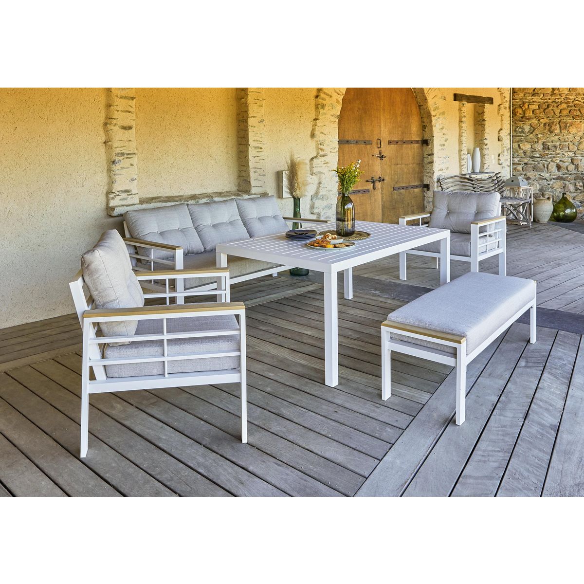 DCB GARDEN Salon de jardin - 7 places - Aluminium - blanc - CAYENNE S3