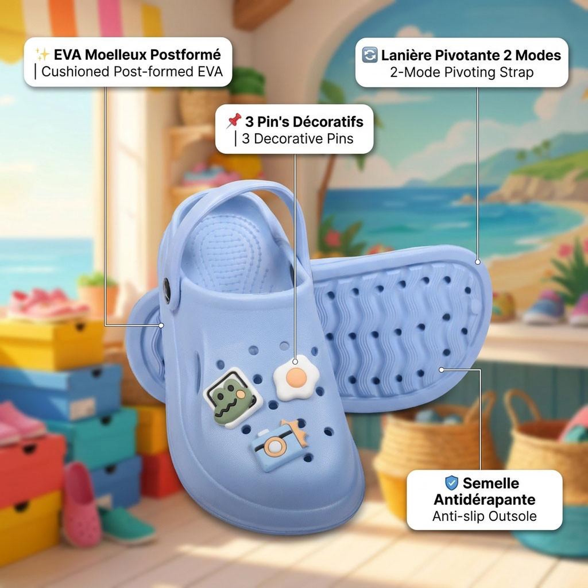 Voir la diapositive 4 : OZABI OZABI Sabot Enfant EVA Moelleux - 3 Pin's Décoratifs - Lanière Pivotante