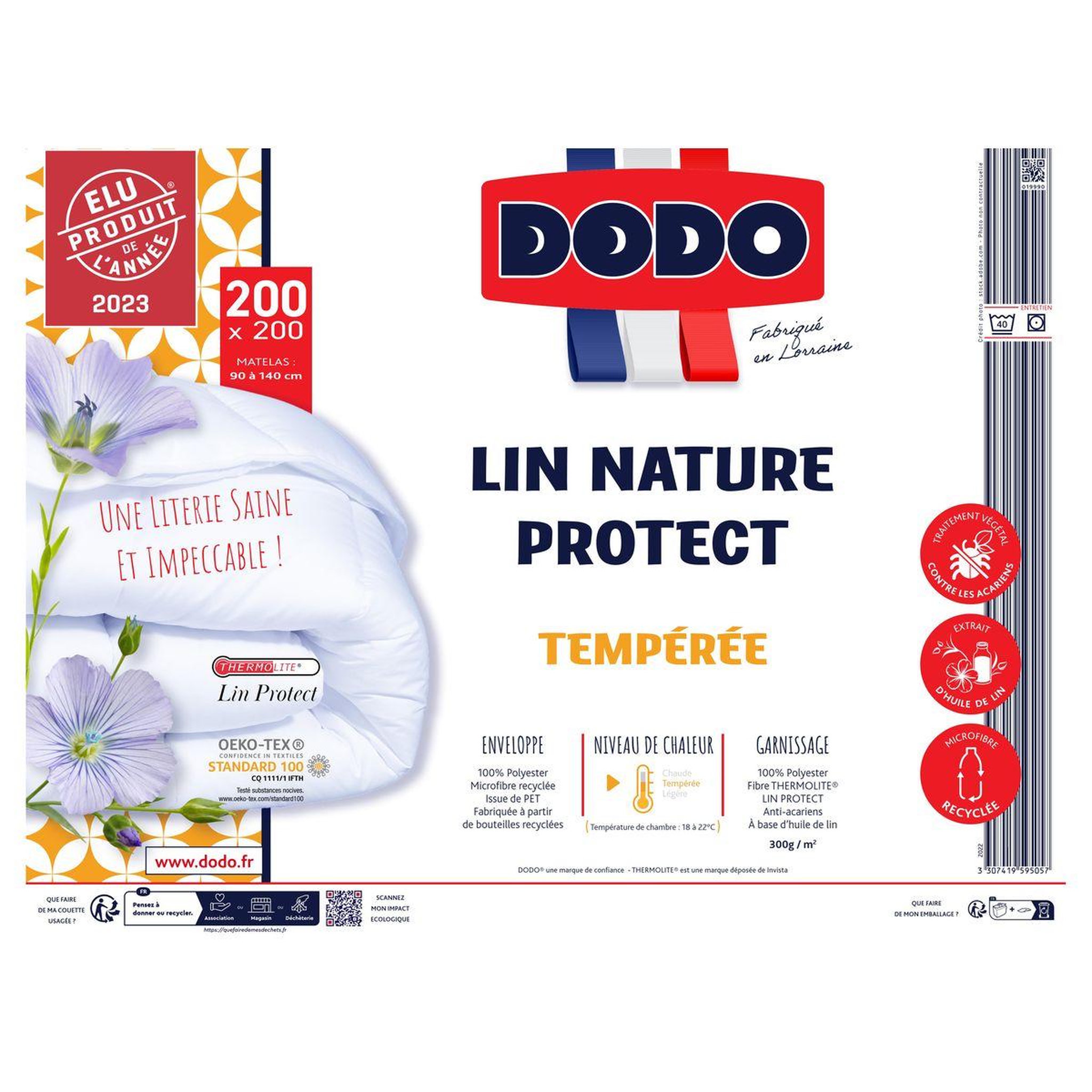 Voir la diapositive 2 : DODO Couette tempérée en polyester anti acariens a base d'huile de lin 300g/m² LIN NATURE PROTECT