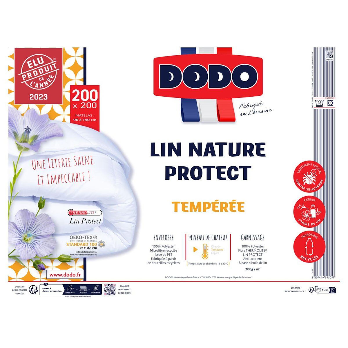 DODO Couette tempérée en polyester anti acariens a base d'huile de lin 300g/m² LIN NATURE PROTECT
