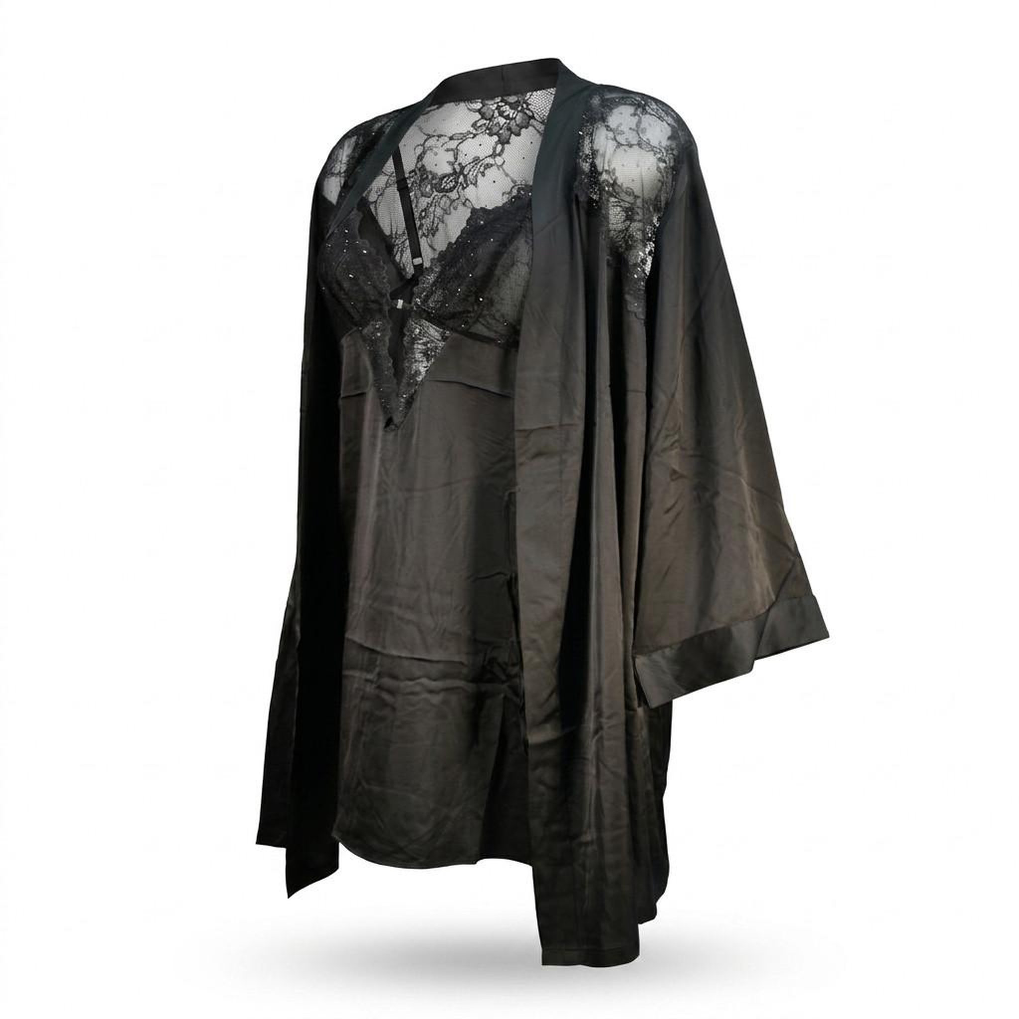 Voir la diapositive 1 : OZABI OZABI Nuisette et Kimono Femme Satin Effet Soie Dentelle Pailletée